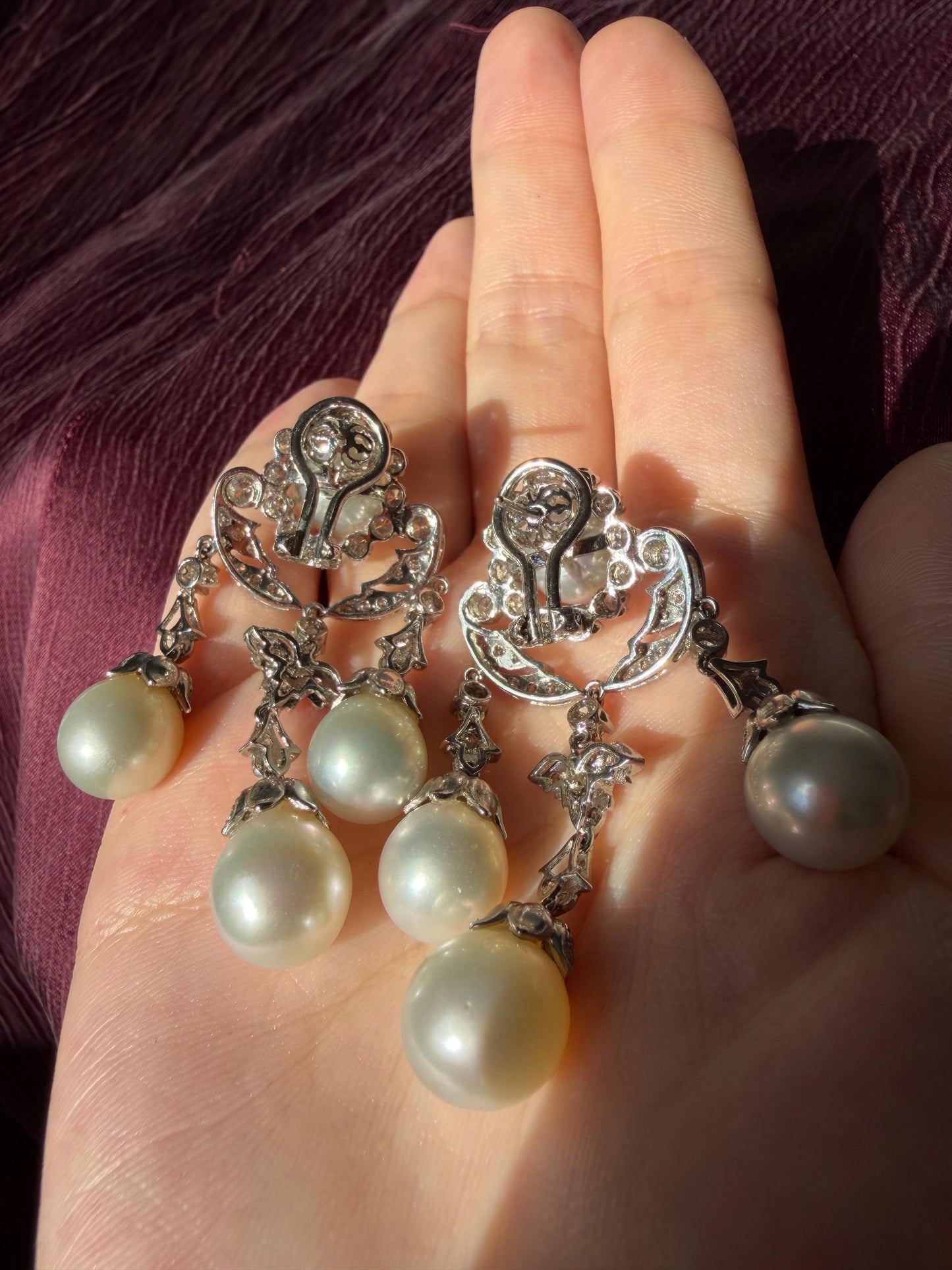 18K White Gold Edwardian Inspired Diamond and Pearl Chandelier Earrings