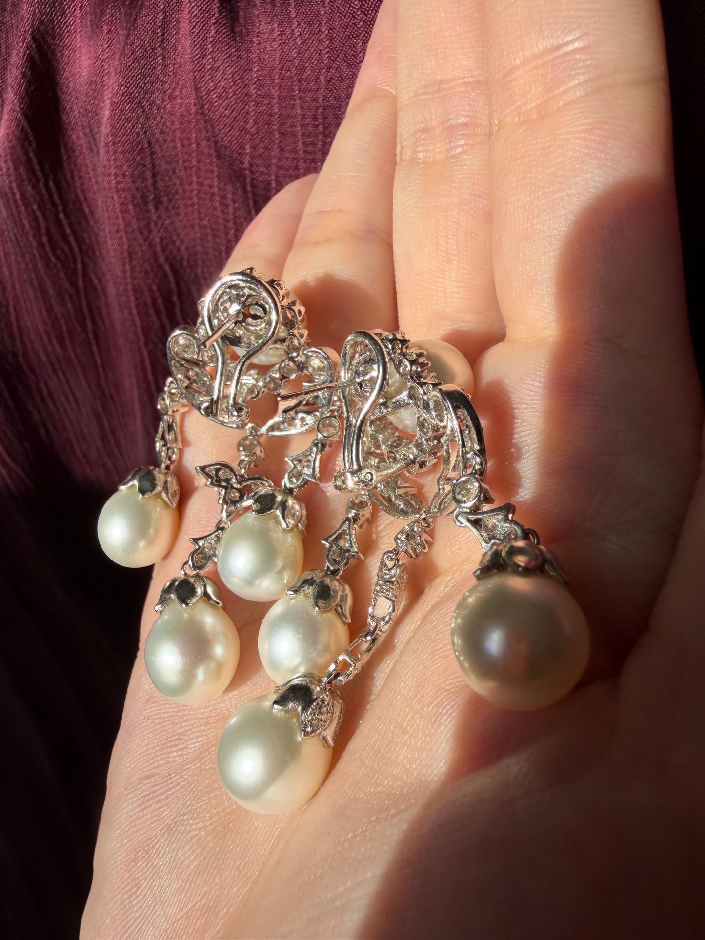 18K White Gold Edwardian Inspired Diamond and Pearl Chandelier Earrings