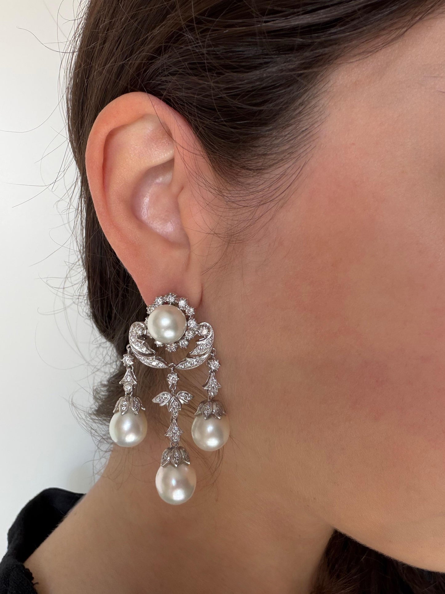 18K White Gold Edwardian Inspired Diamond and Pearl Chandelier Earrings