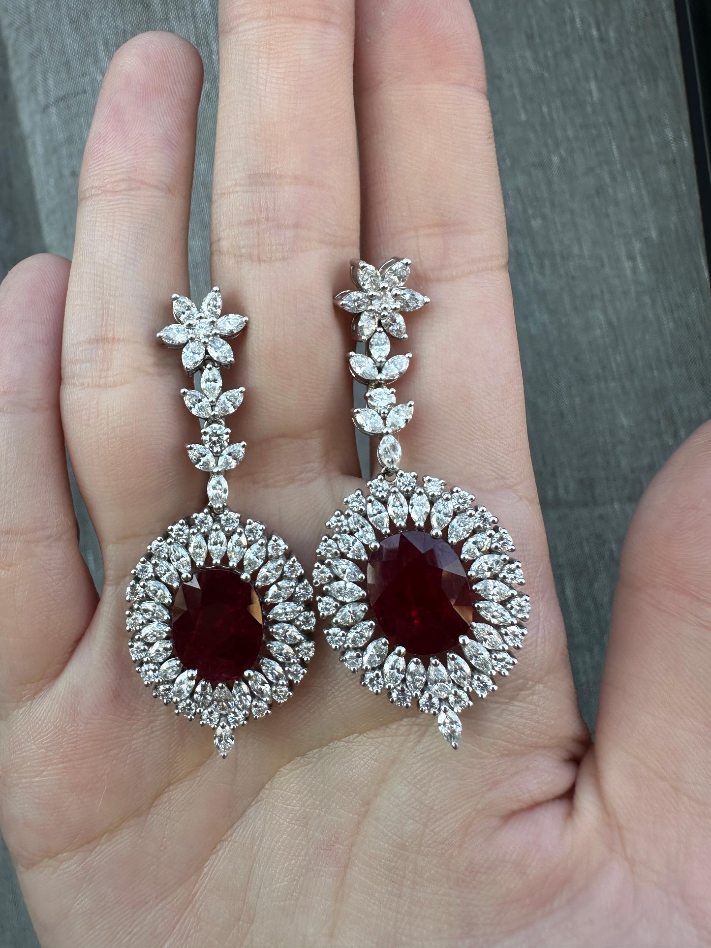 18k White Gold Marquise Cut Diamond and Mozambique Oval Natural Ruby Earrings