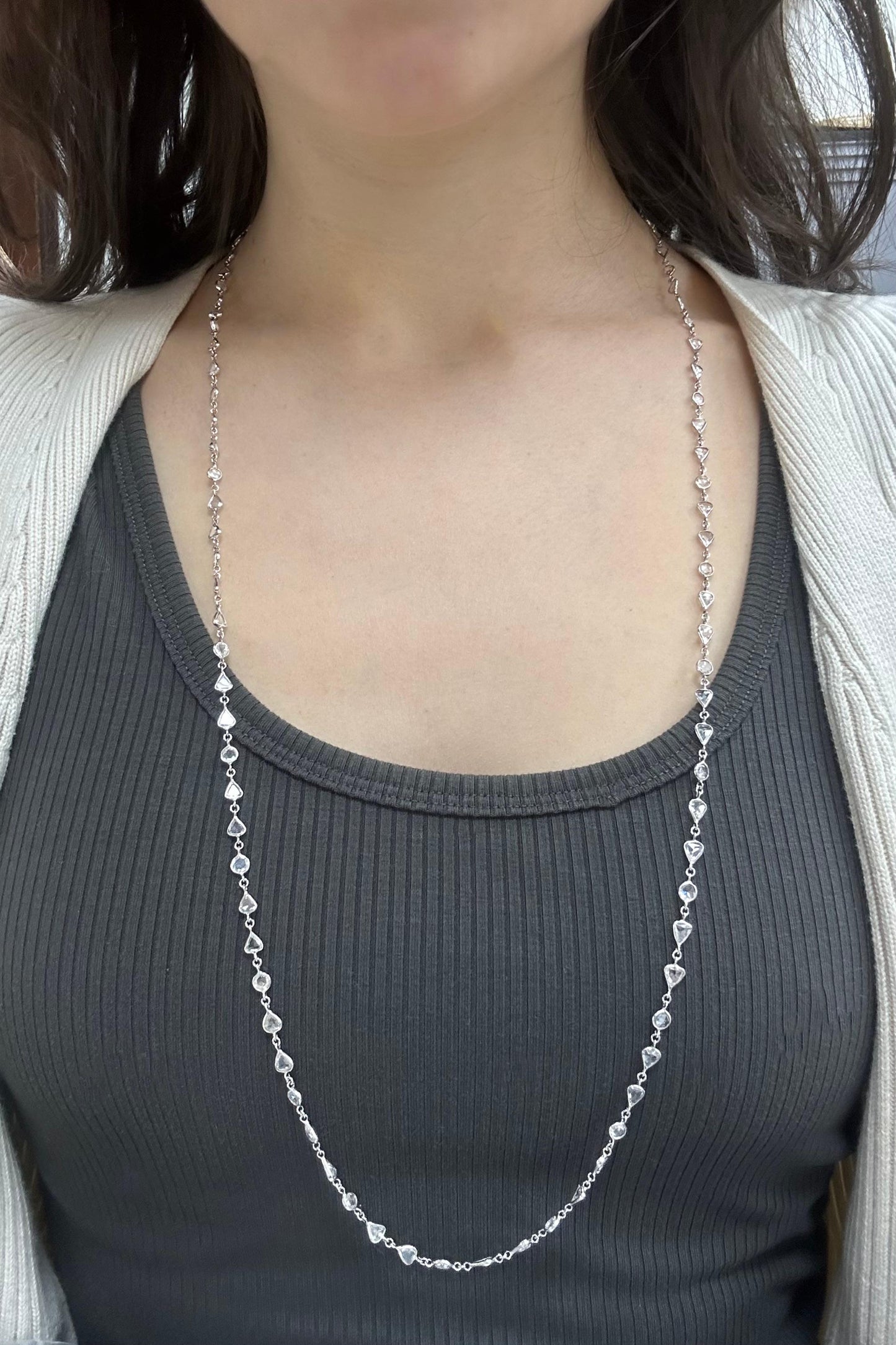 18K White Gold Diamond Rose Cut Heart Necklace Chain