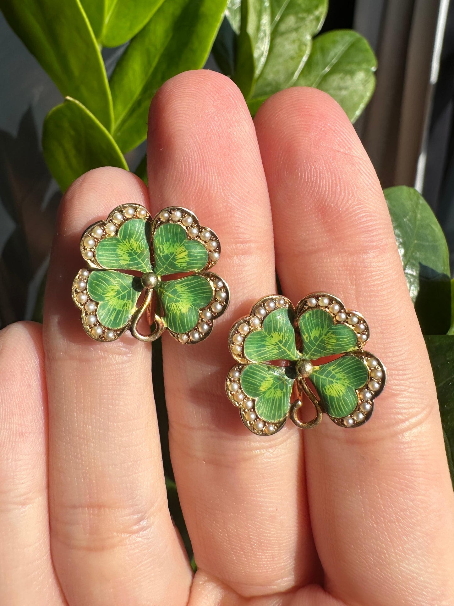14k Victorian Enamel and Seed Pearl 4 Leaf Clover Ear Clips