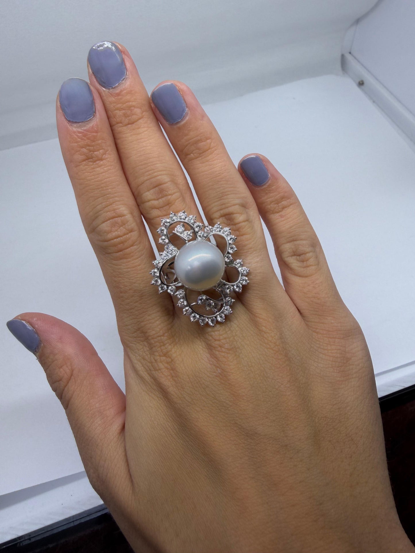18K White Gold 2.48 Carat Diamond and Pearl Cocktail Ring - Size 7.5