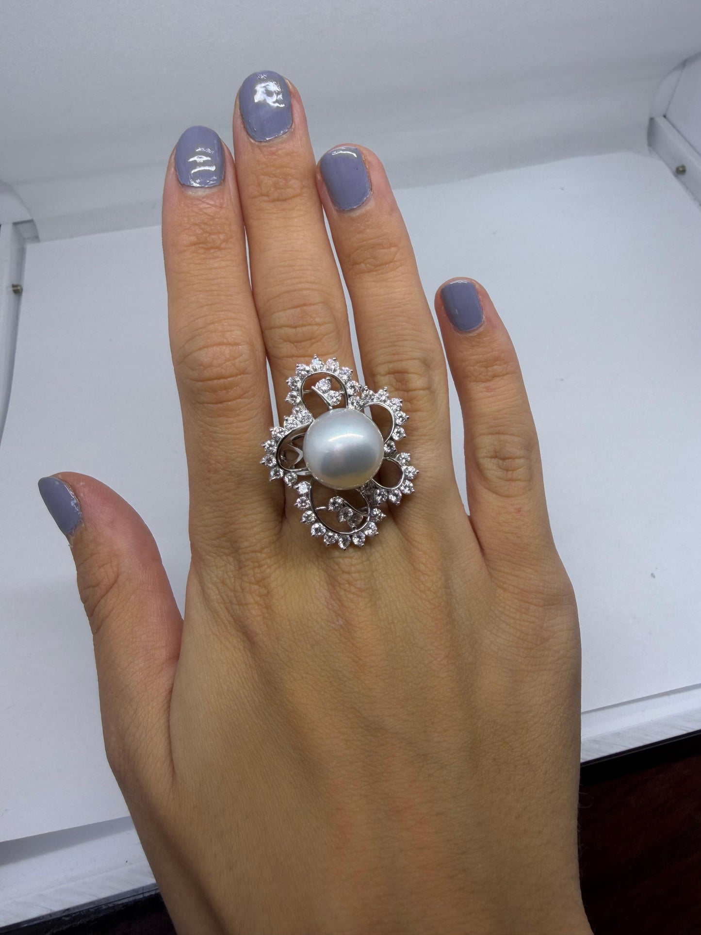 18K White Gold 2.48 Carat Diamond and Pearl Cocktail Ring - Size 7.5