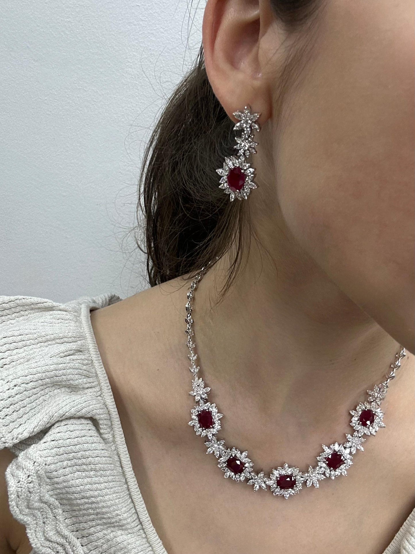 18K White Gold 11.76 carat Oval Ruby and Marquise Cut Diamond Necklace