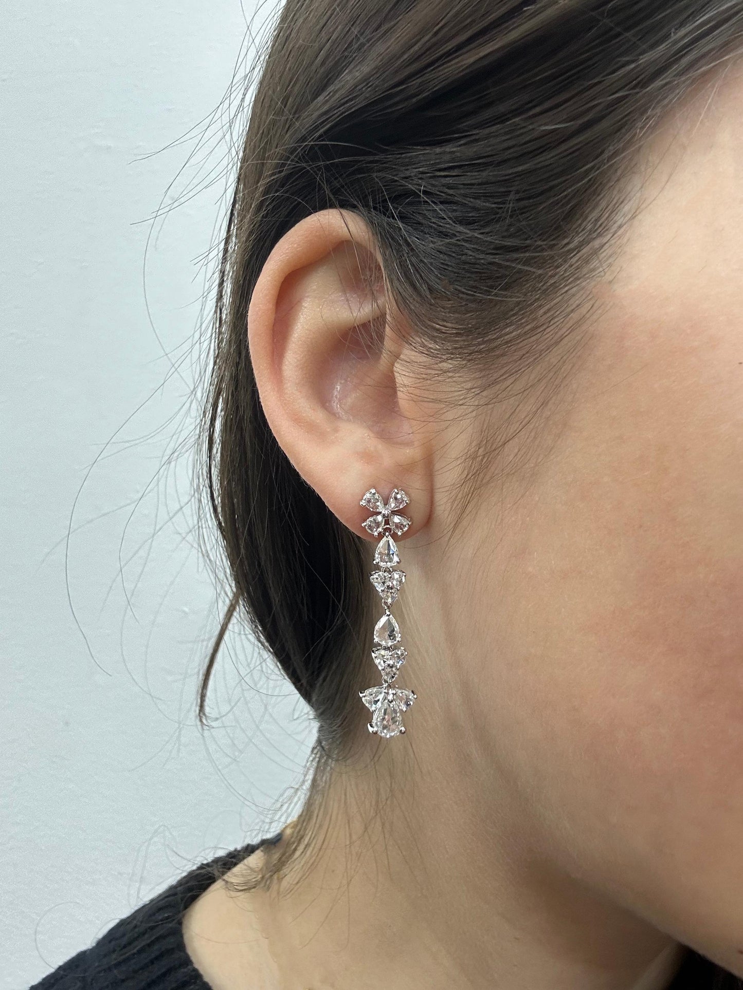 18K White Gold Rose Cut Pear Diamond Drop Earrings