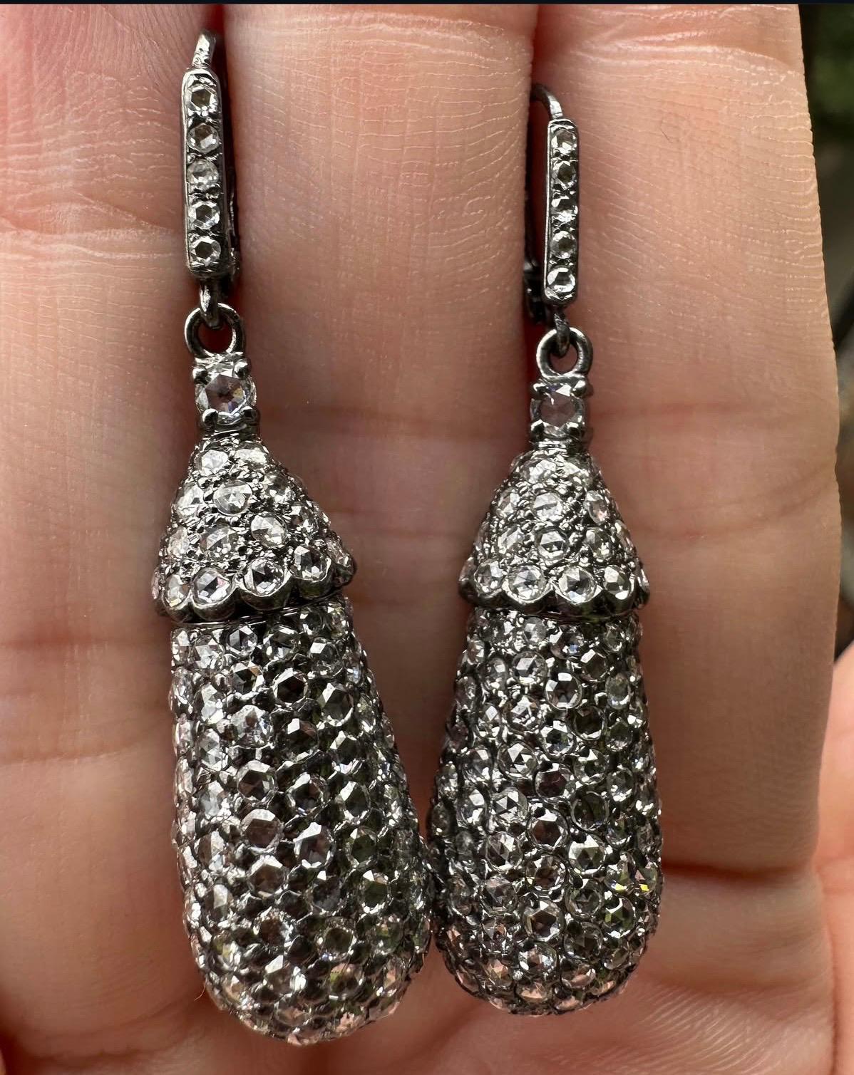 18K 7.05 Carat Rose Cut Diamond Acorn Drop Earrings