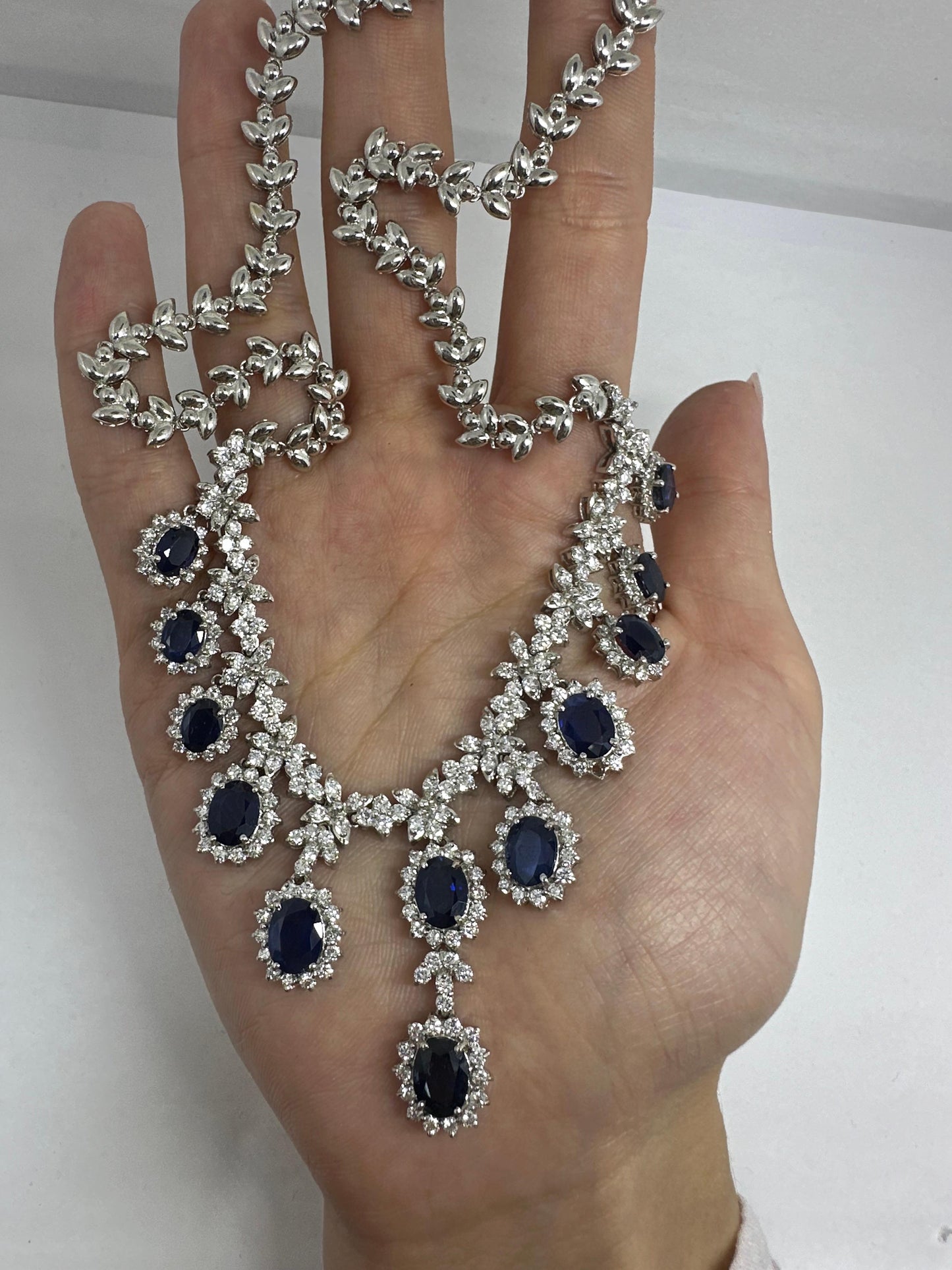 18K White Gold Diamond and Sapphire Necklace