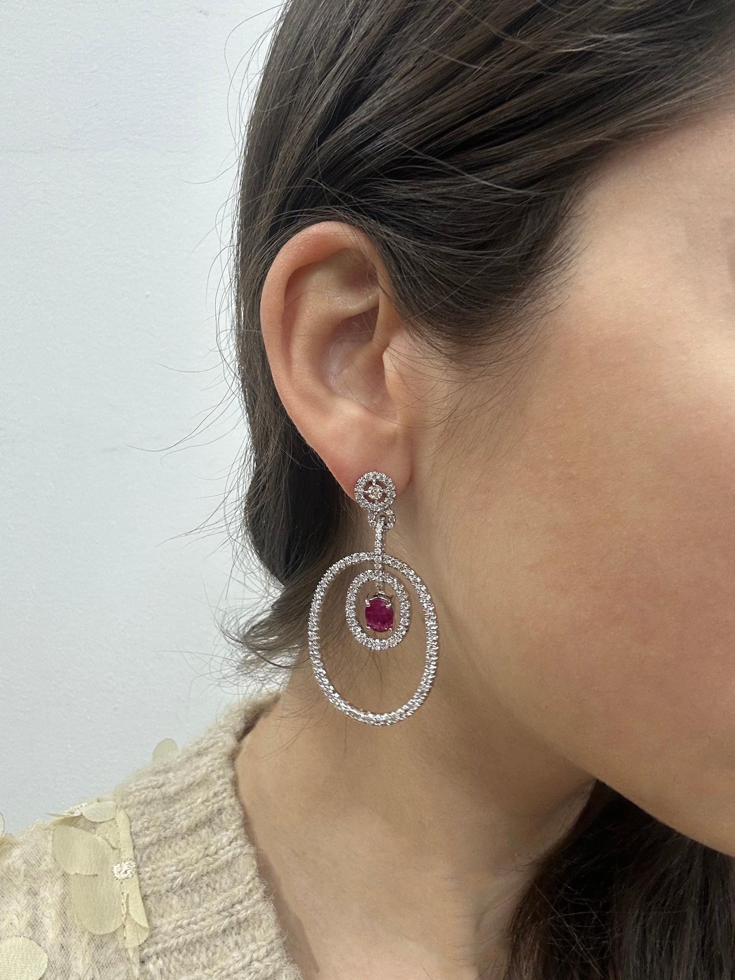 18K White Gold Diamond and Oval Ruby Drop Earrings