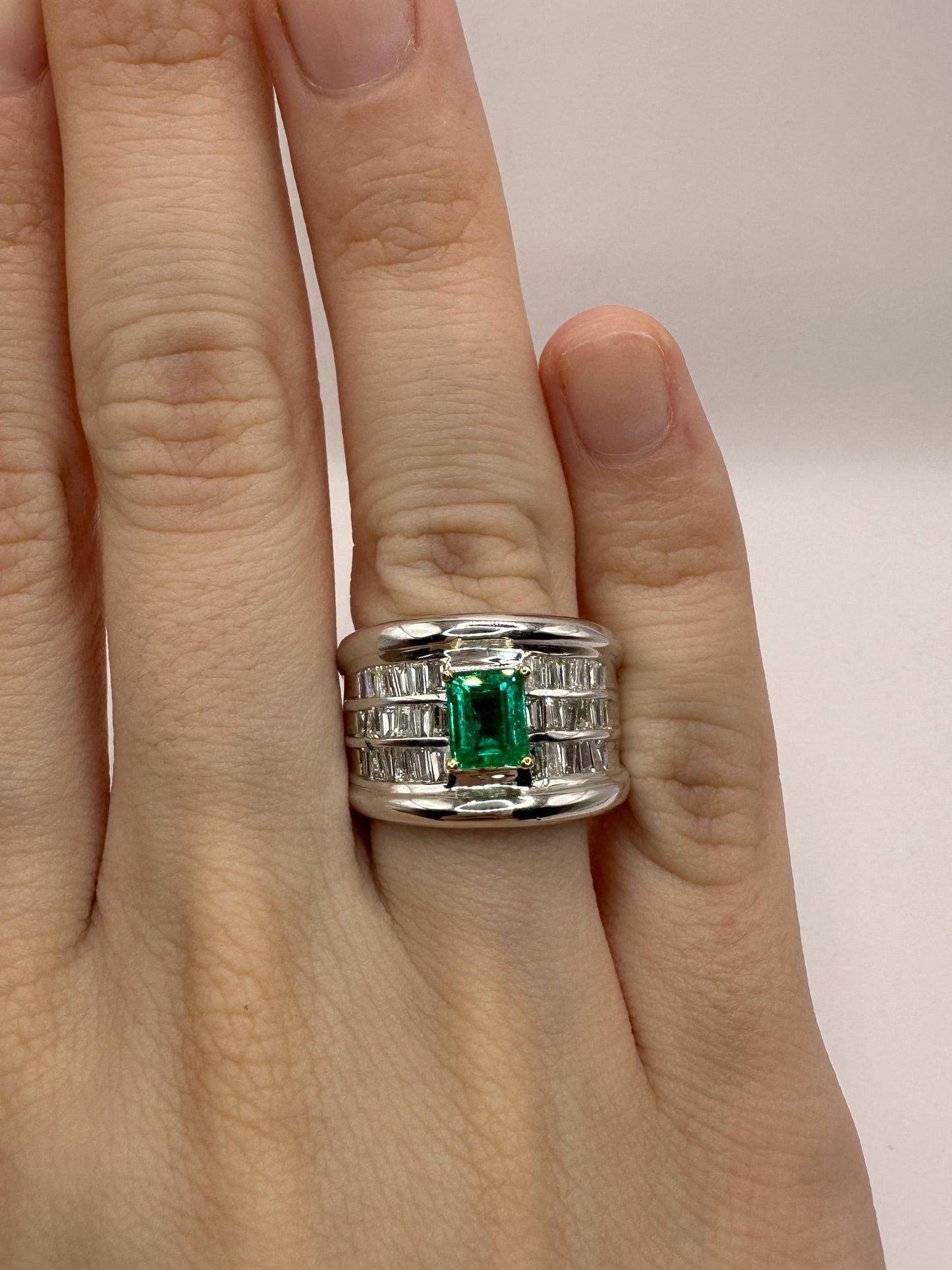 18k Diamond and Emerald Wide Band Ring