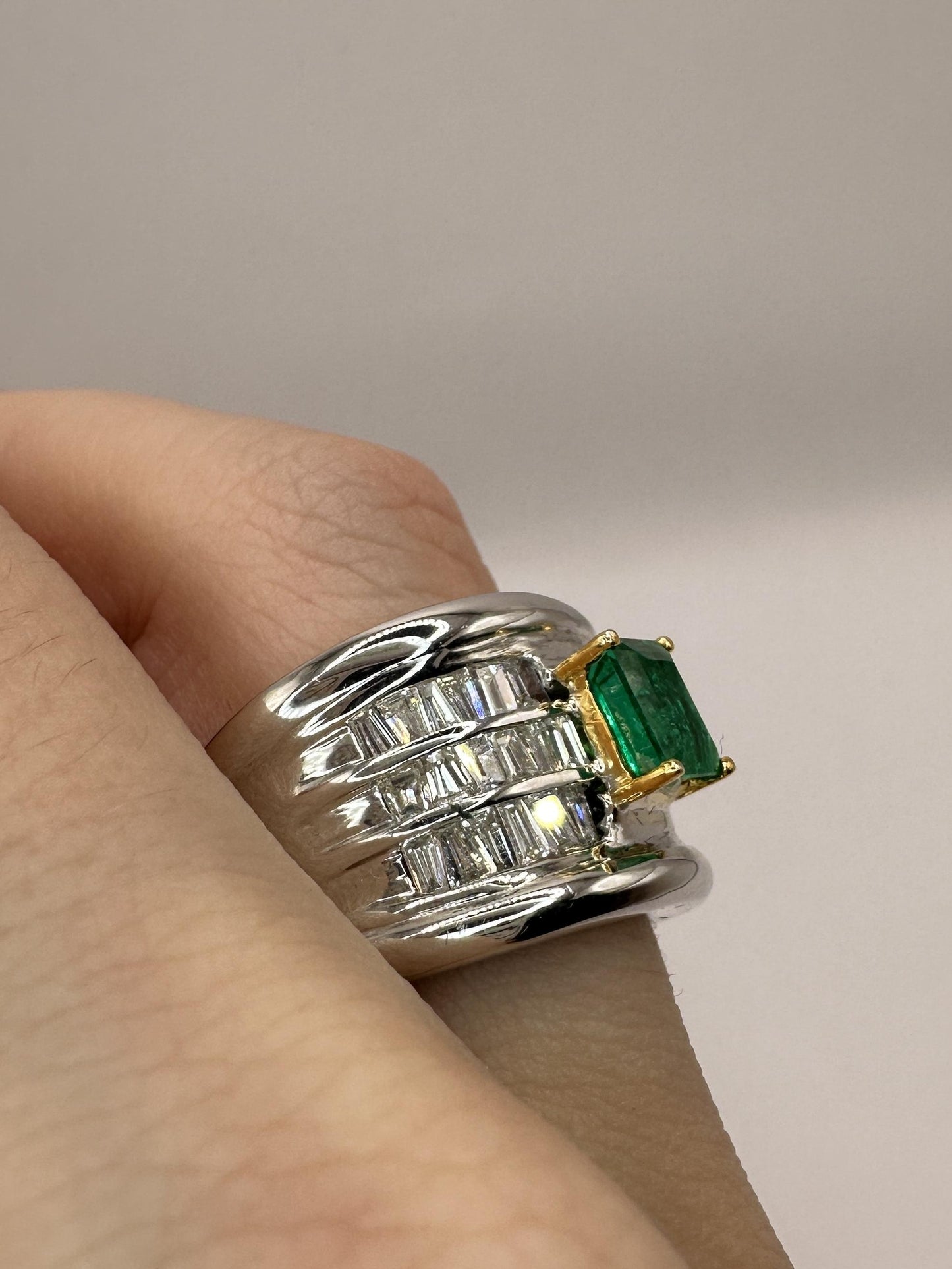 18k Diamond and Emerald Wide Band Ring