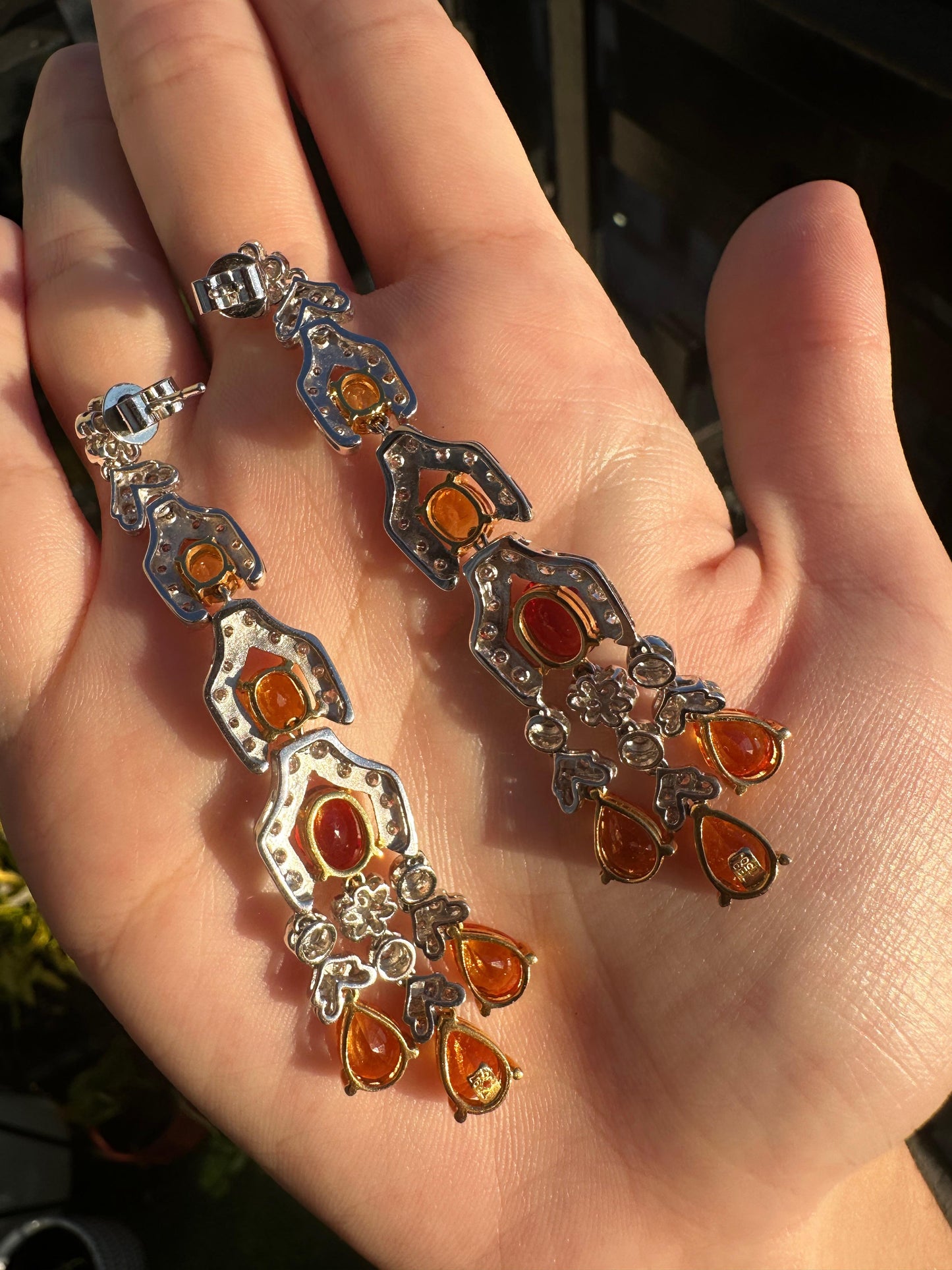 18k White Gold Diamond, Orange and Yellow Sapphire Drop Earrings