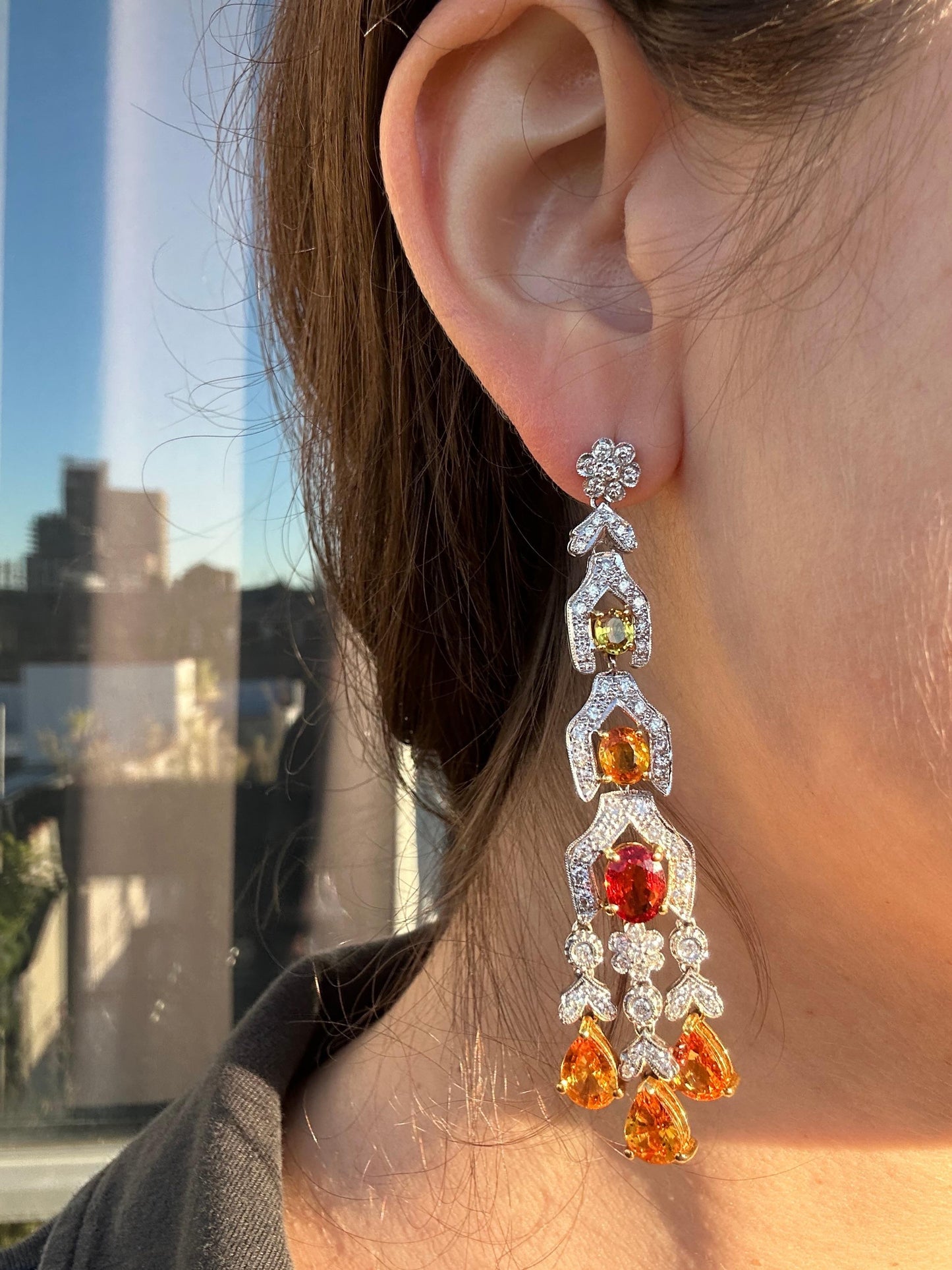 18k White Gold Diamond, Orange and Yellow Sapphire Drop Earrings