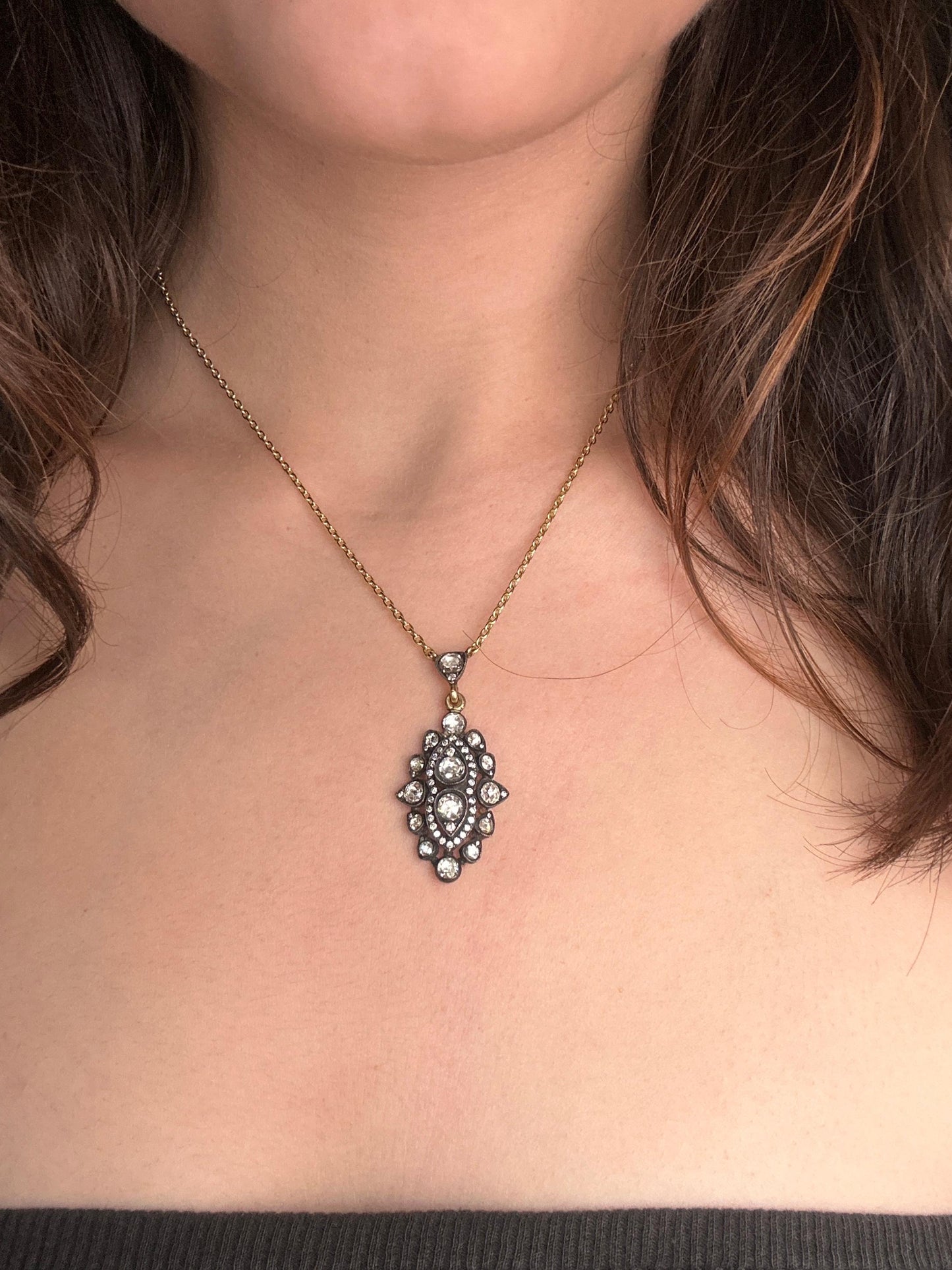 18k Yellow Gold and Silver Top Rose Cut Diamond Necklace