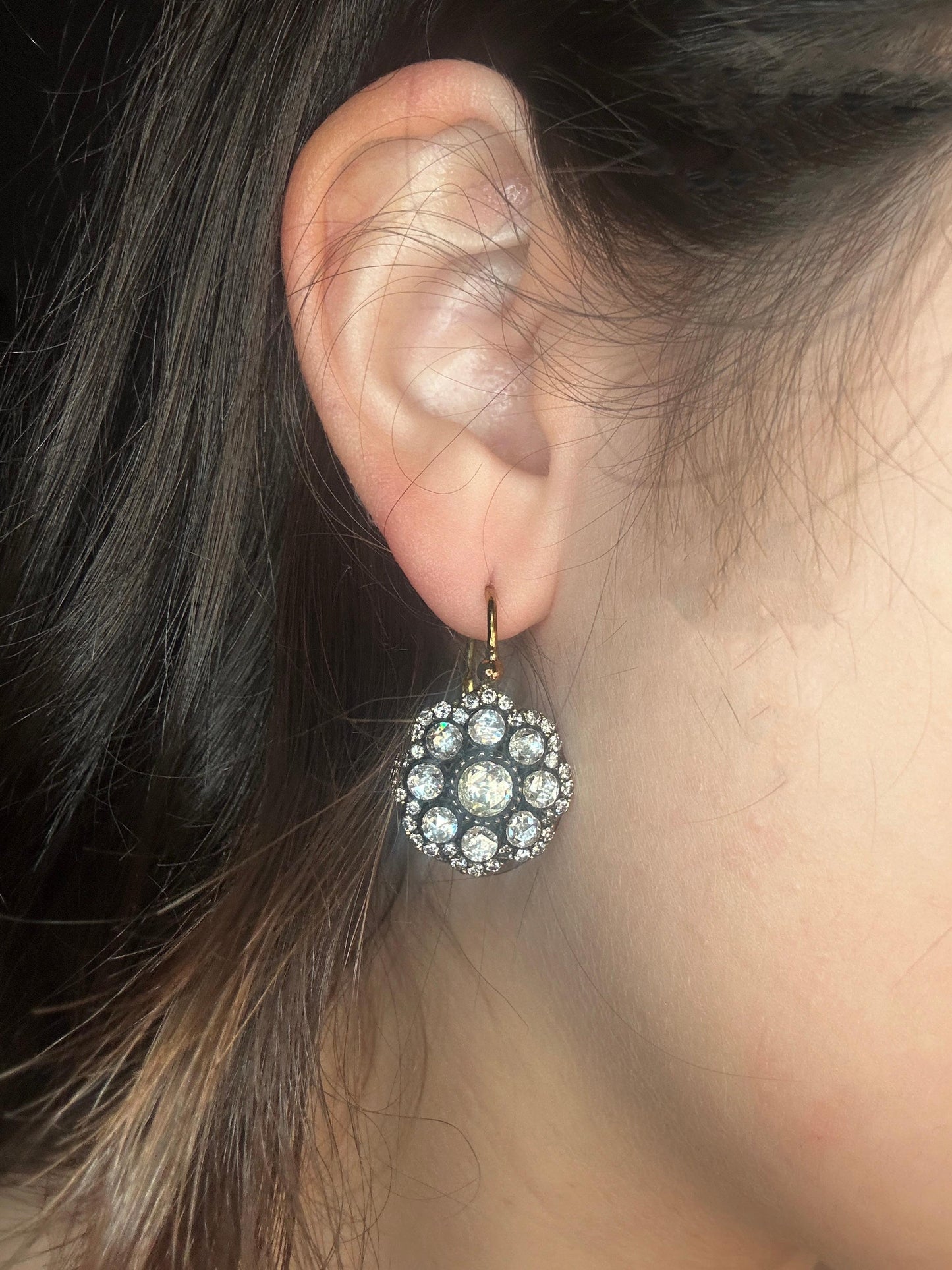 18k and Silver Top Rose Cut Diamond Flower Earrings