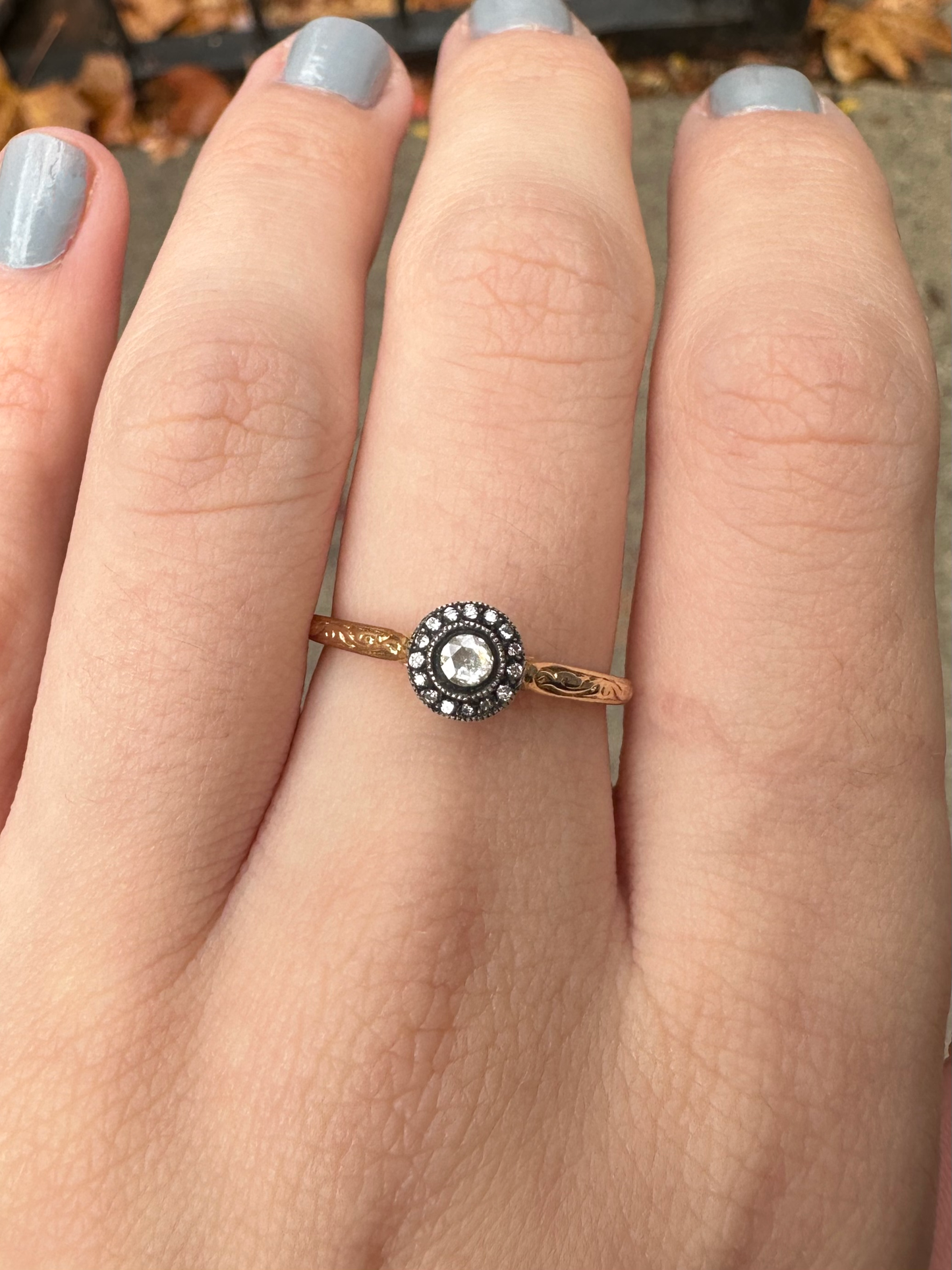 18k Hand Engraved Rose Cut Diamond Ring