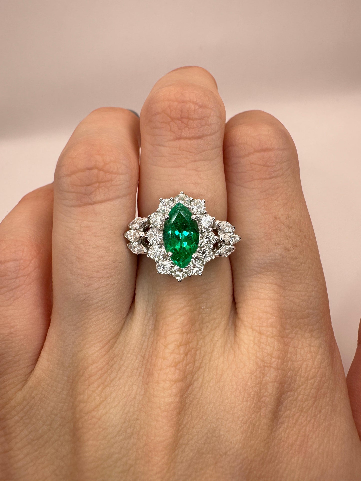 18k Diamond and Marquise Cut Emerald Ring