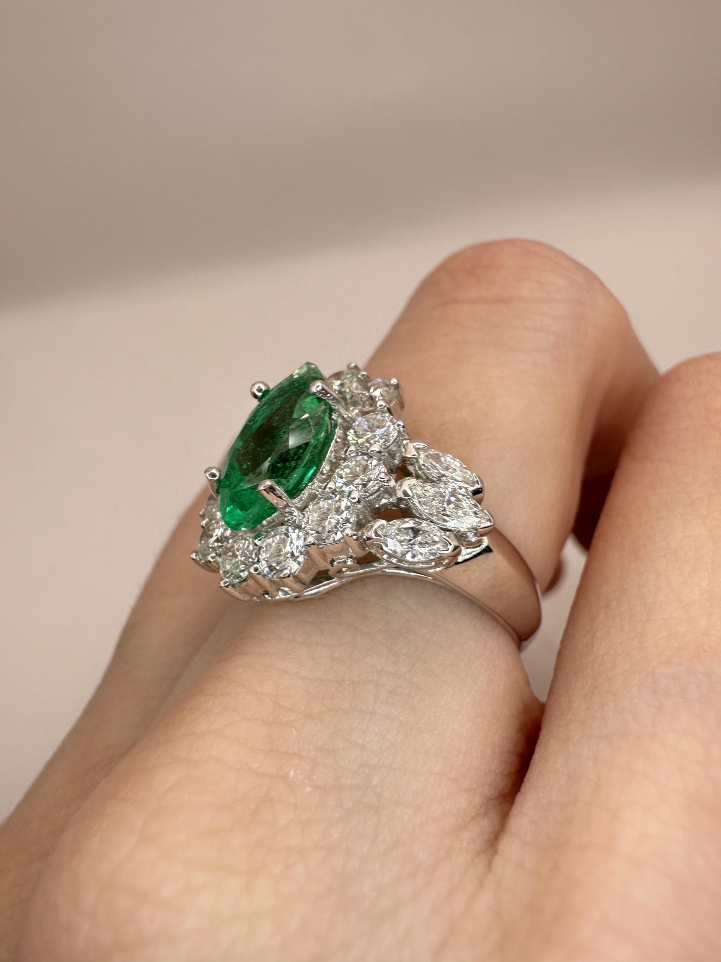 18k Diamond and Marquise Cut Emerald Ring