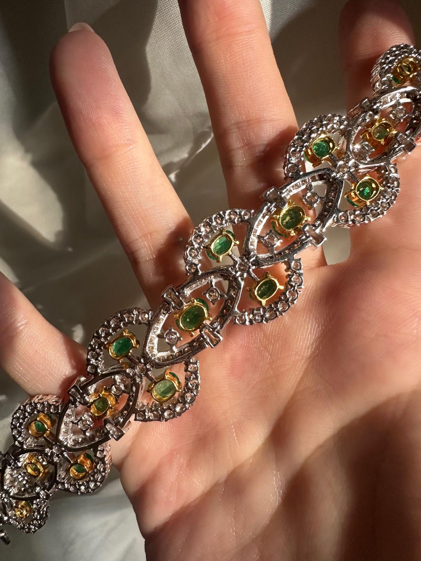 18K Two Tone Diamond and Emerald Bracelet