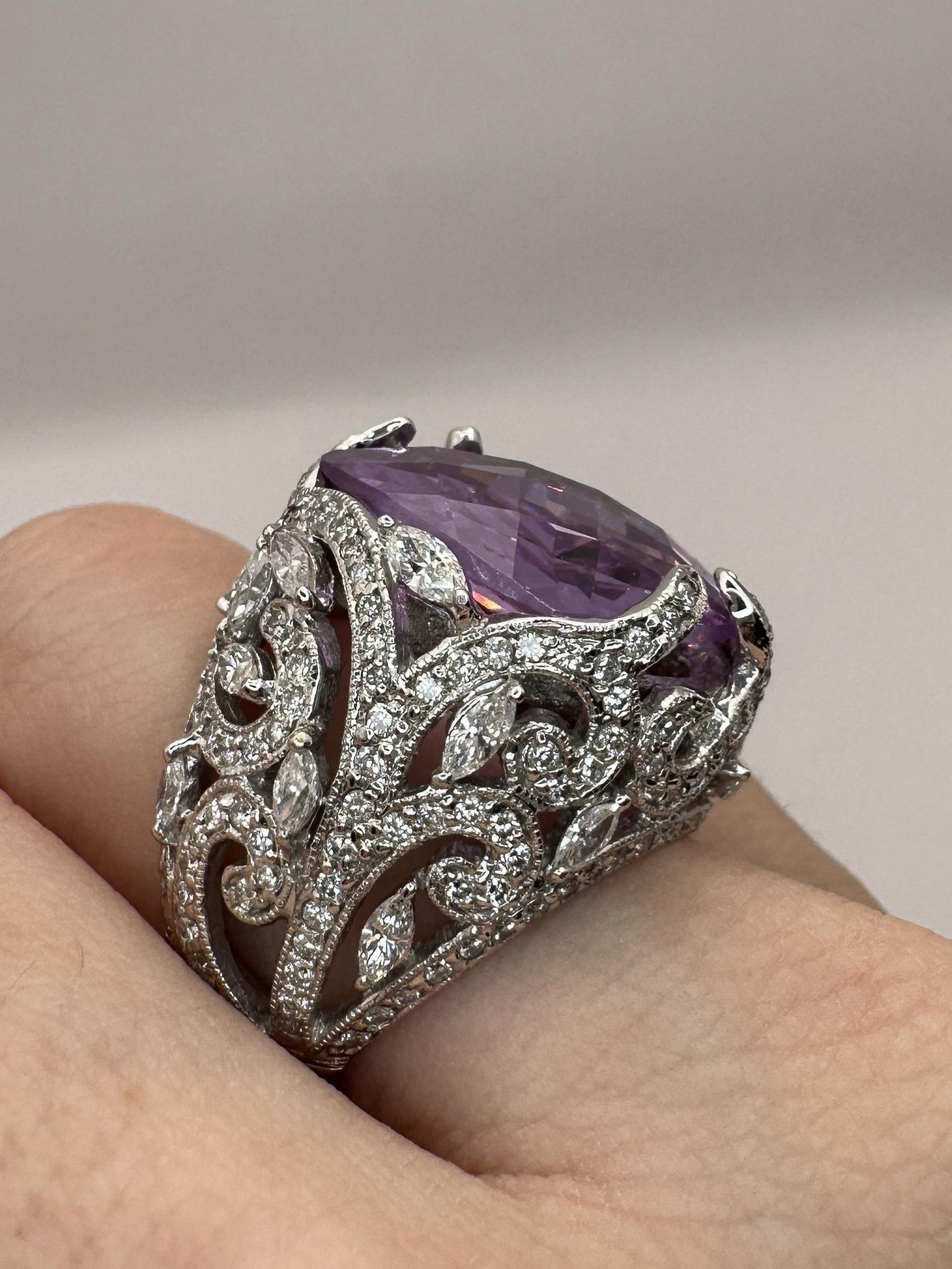 18k Diamond and Purple Stone Center Cocktail Ring