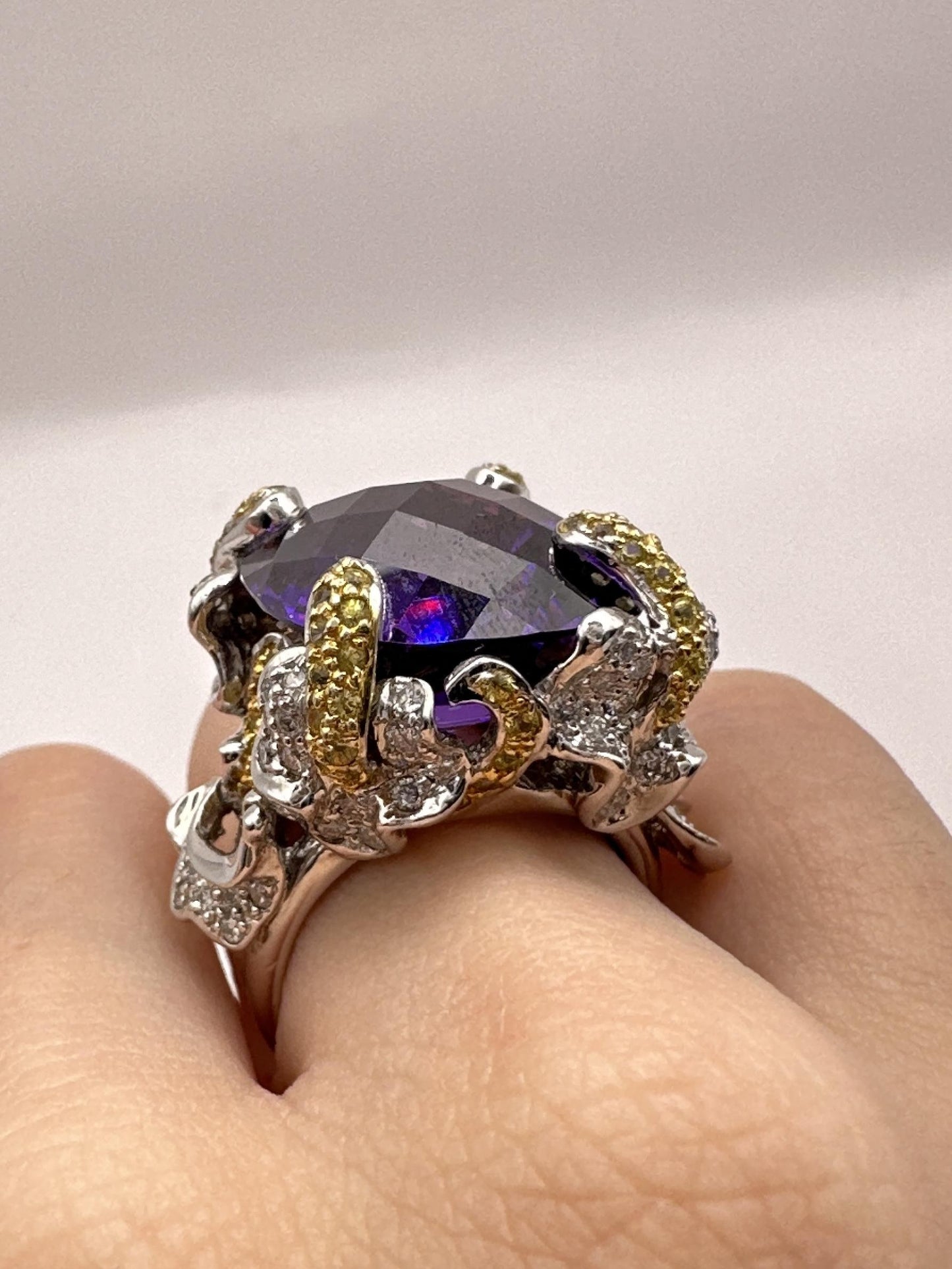 14k Diamond and Yellow Sapphire and Purple Stone Center Cocktail Ring