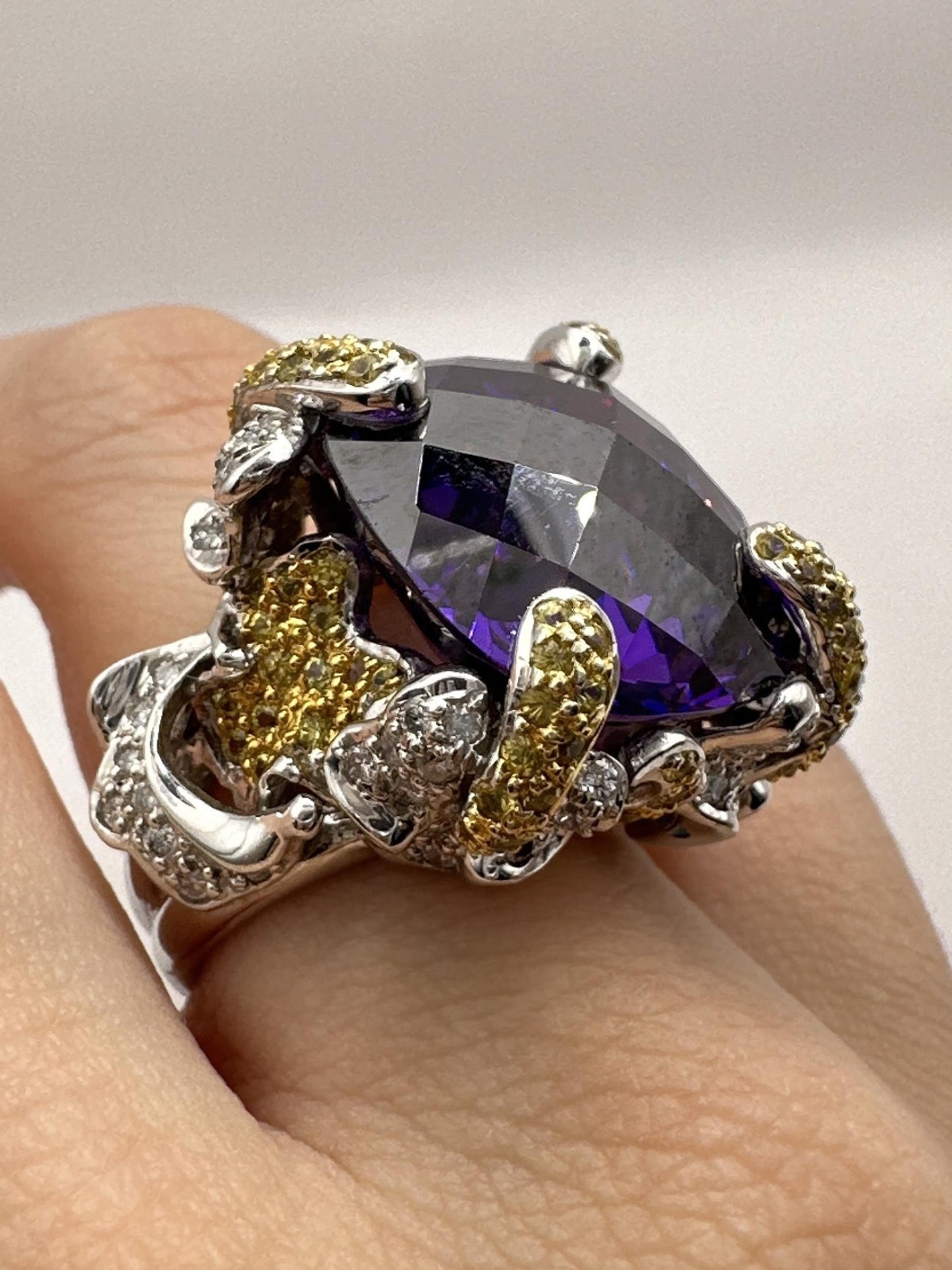 14k Diamond and Yellow Sapphire and Purple Stone Center Cocktail Ring