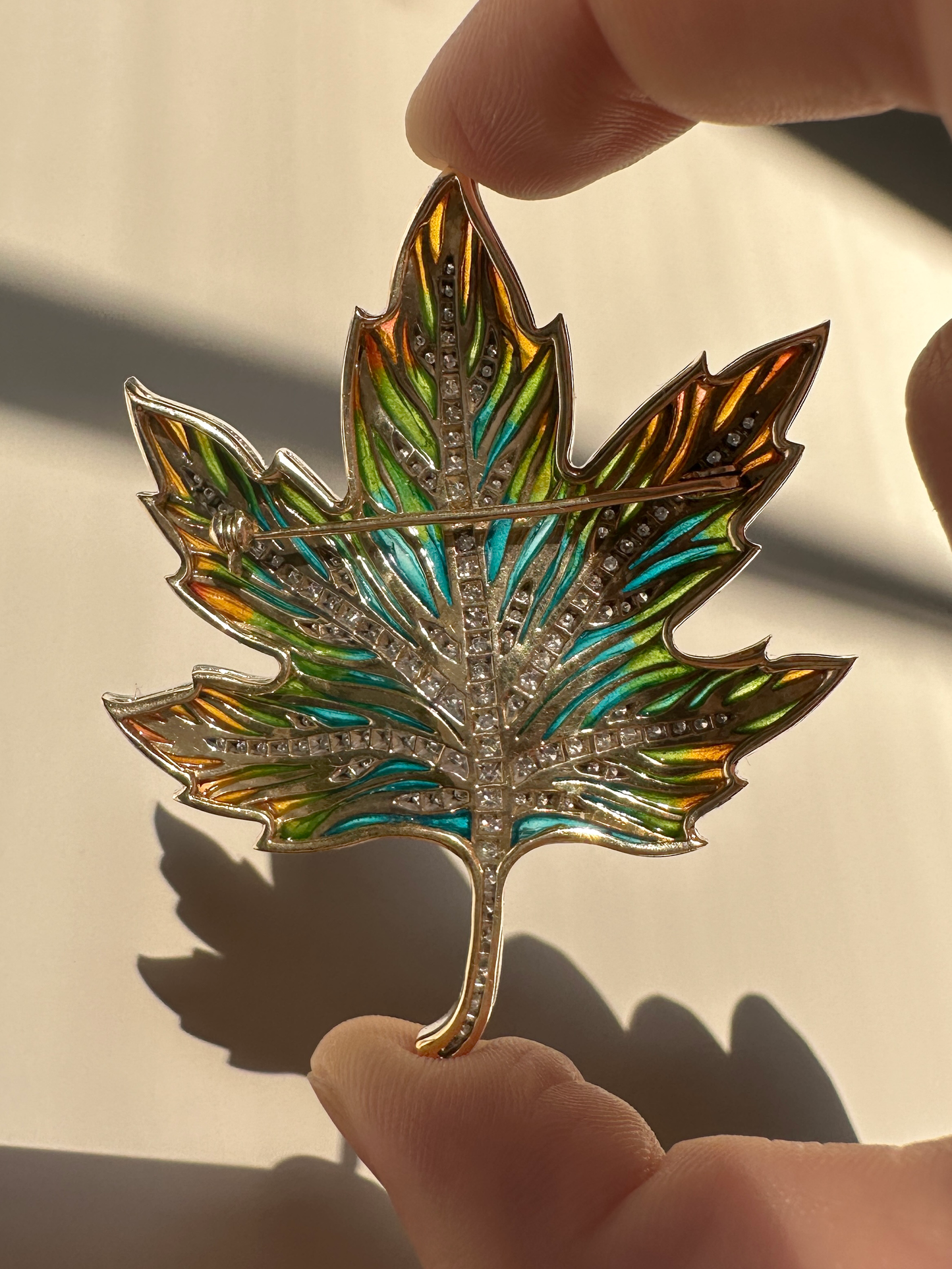 18k Plique-A-Jour Enamel and Diamond Leaf Pin