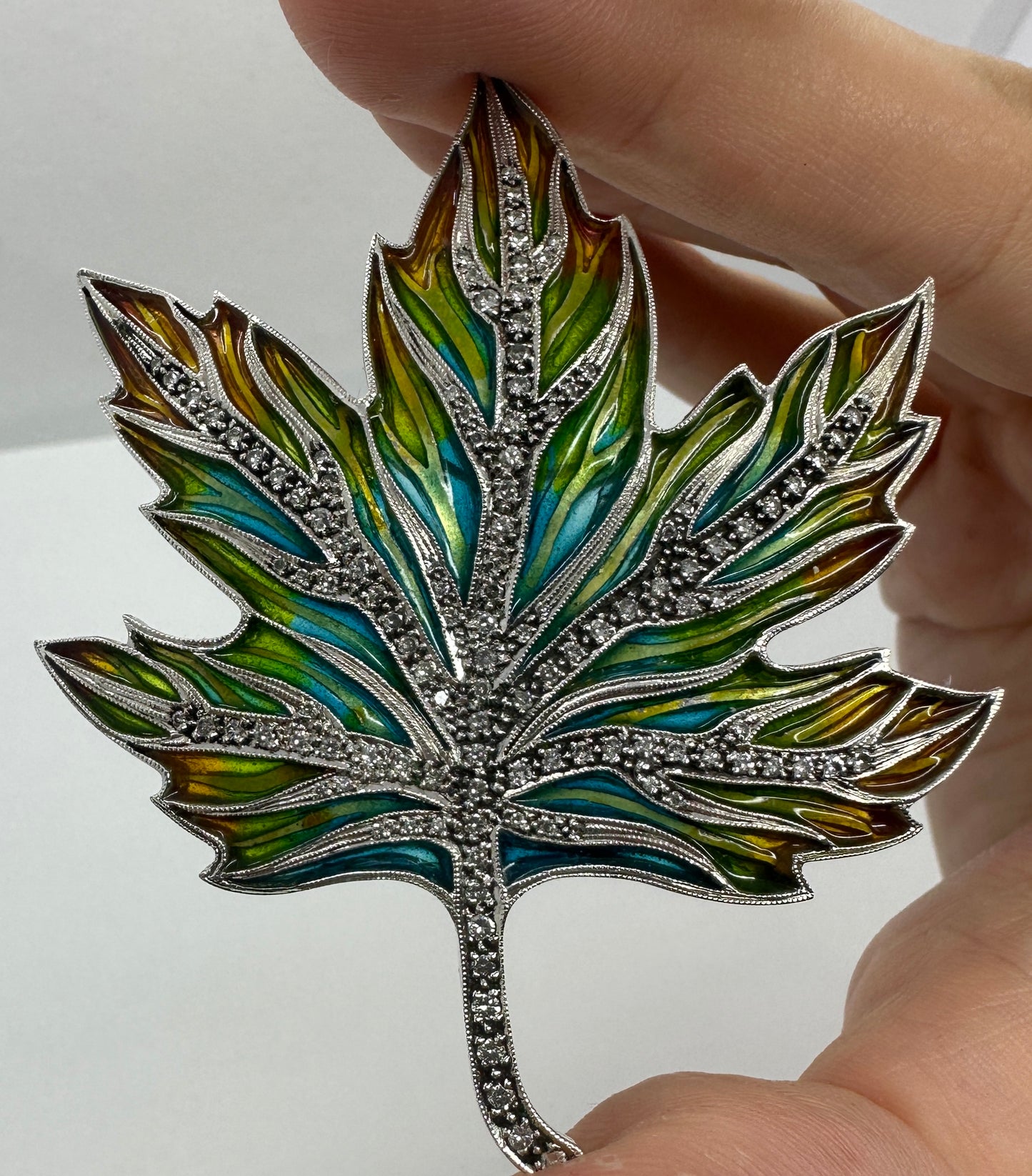 18k Plique-A-Jour Enamel and Diamond Leaf Pin