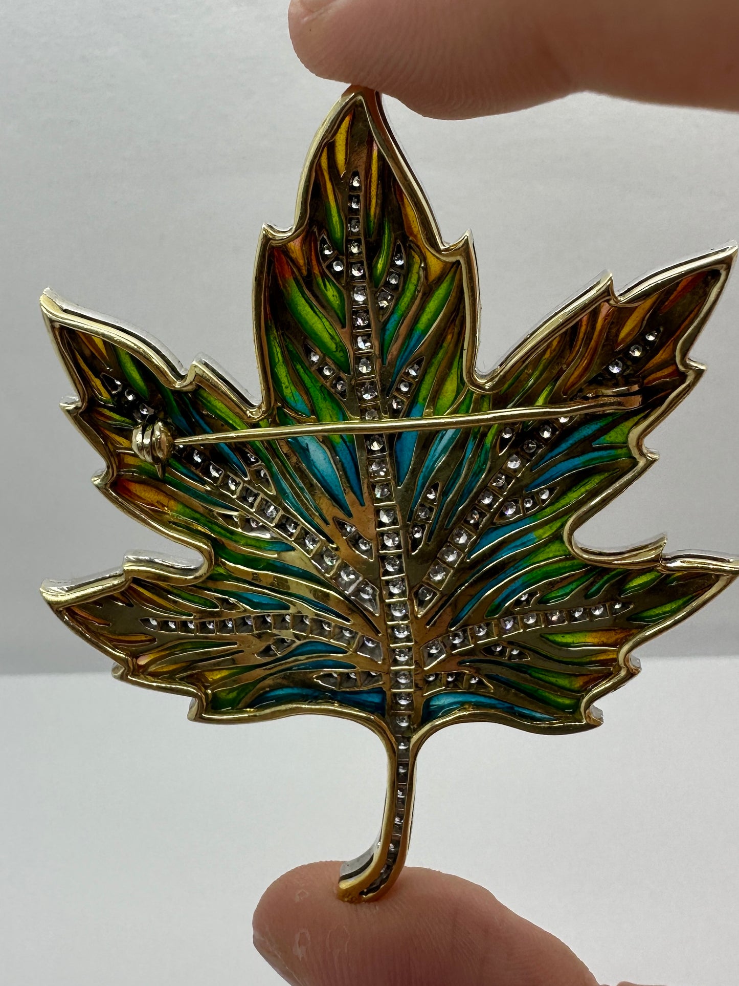 18k Plique-A-Jour Enamel and Diamond Leaf Pin
