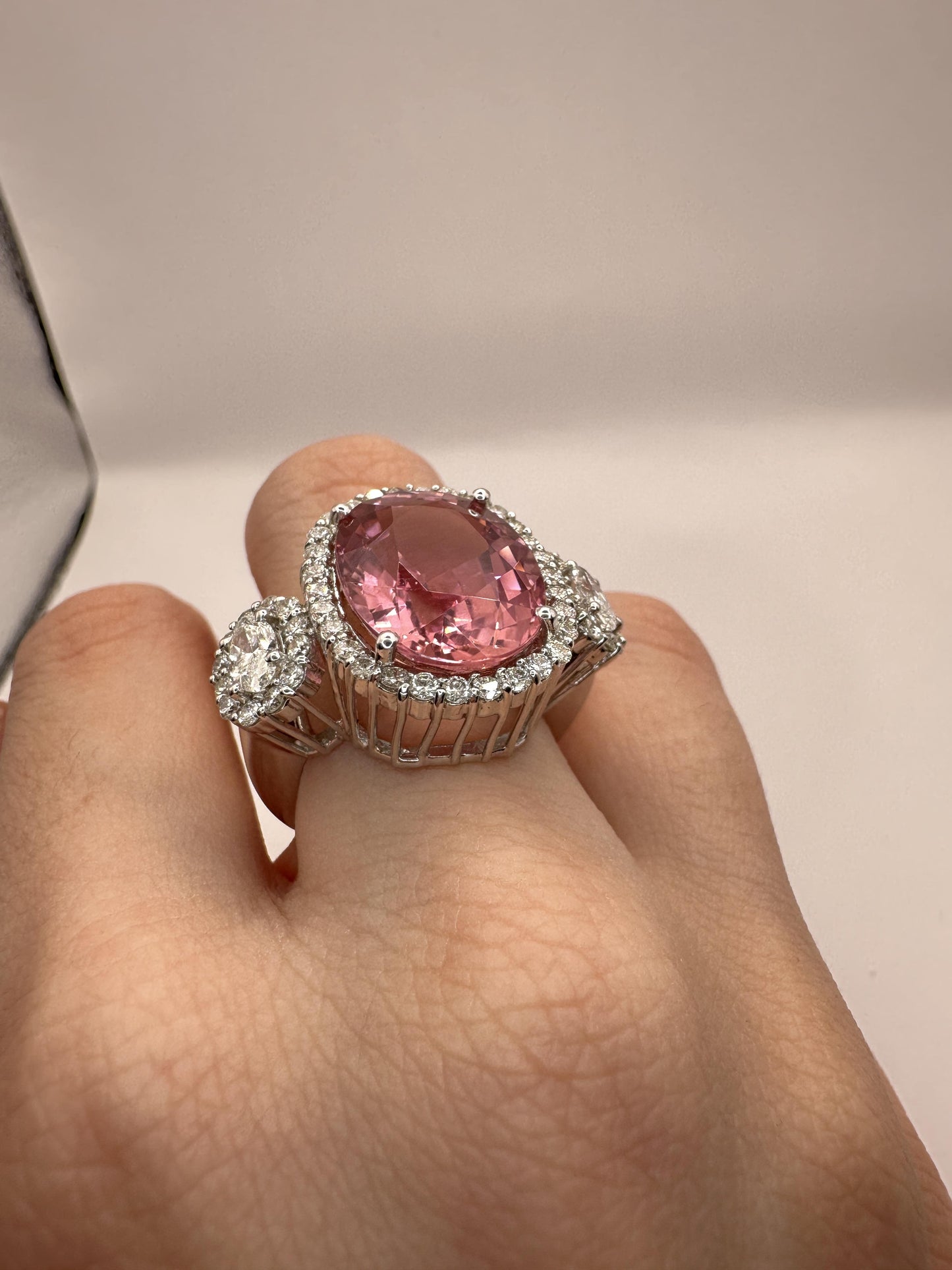 18k Diamond and Pink Stone Center Ring