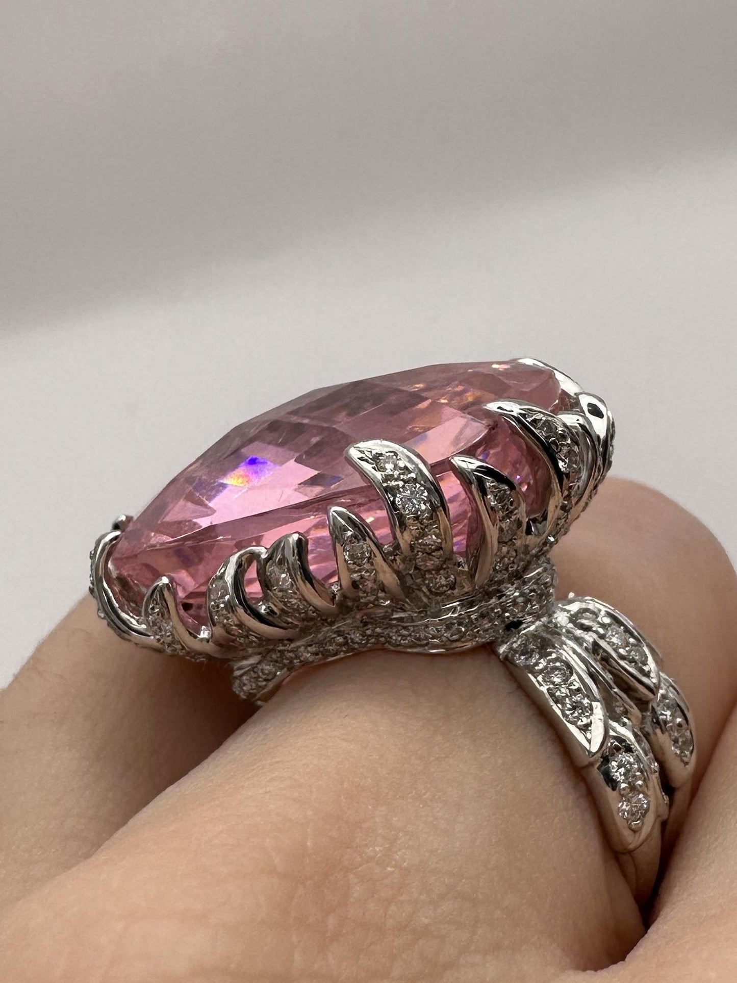 18k Diamond and Checkered Pink Stone Center Cocktail Ring