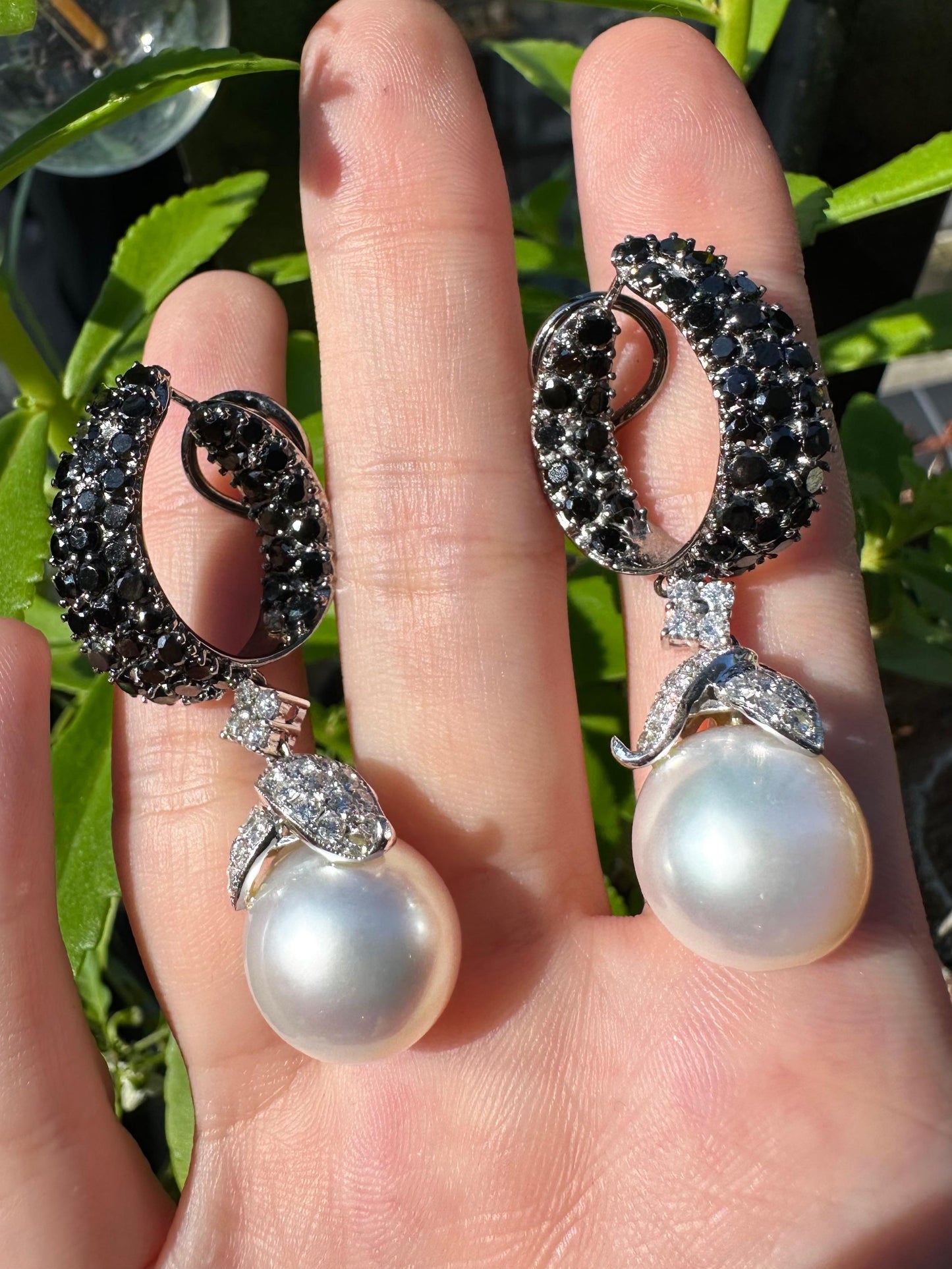 18K White Gold Black and White Diamond and Pearl Drop Earrings