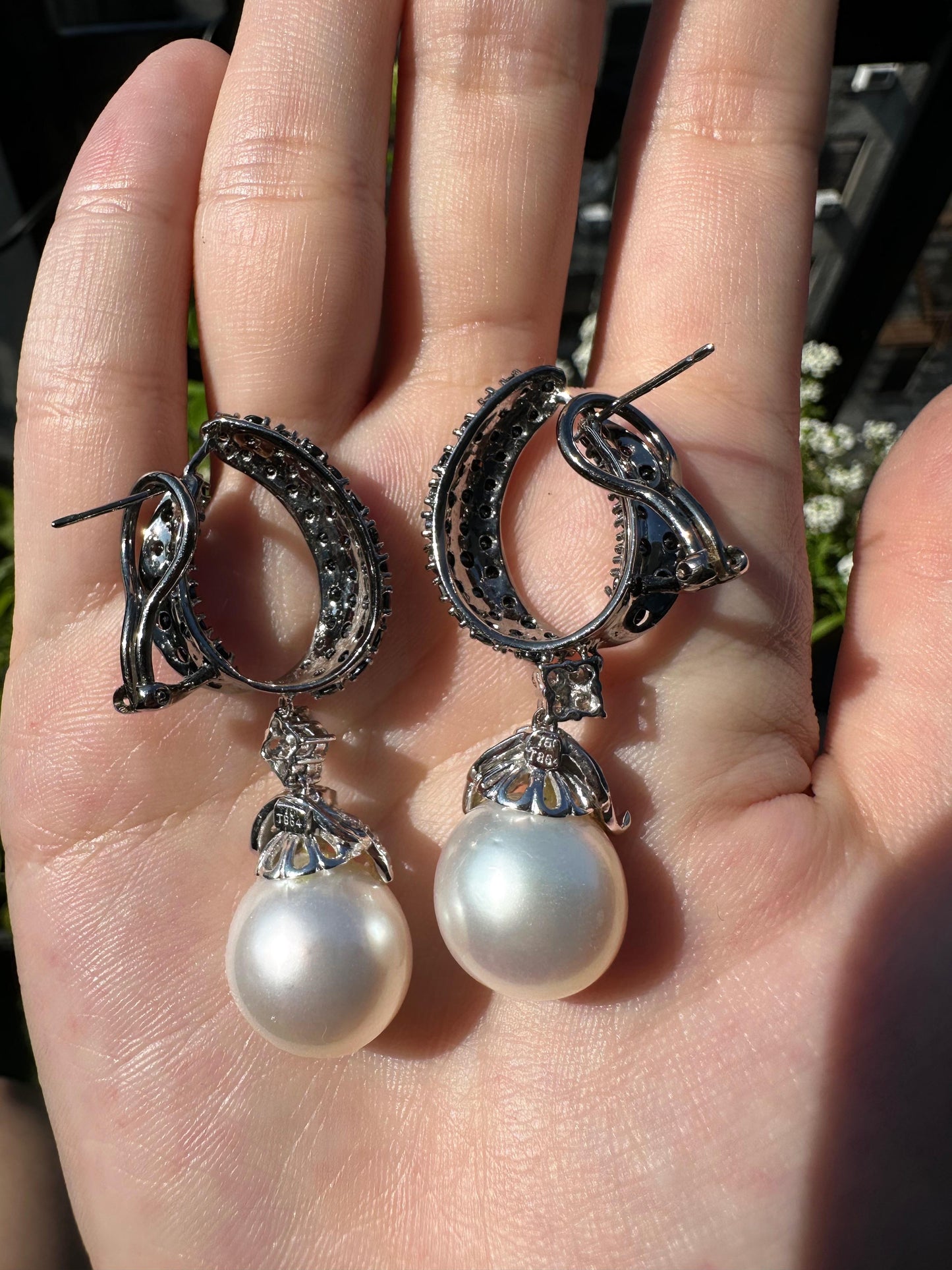 18K White Gold Black and White Diamond and Pearl Drop Earrings
