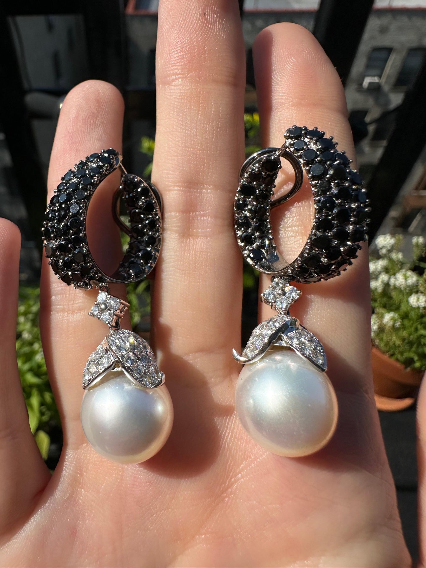 18K White Gold Black and White Diamond and Pearl Drop Earrings