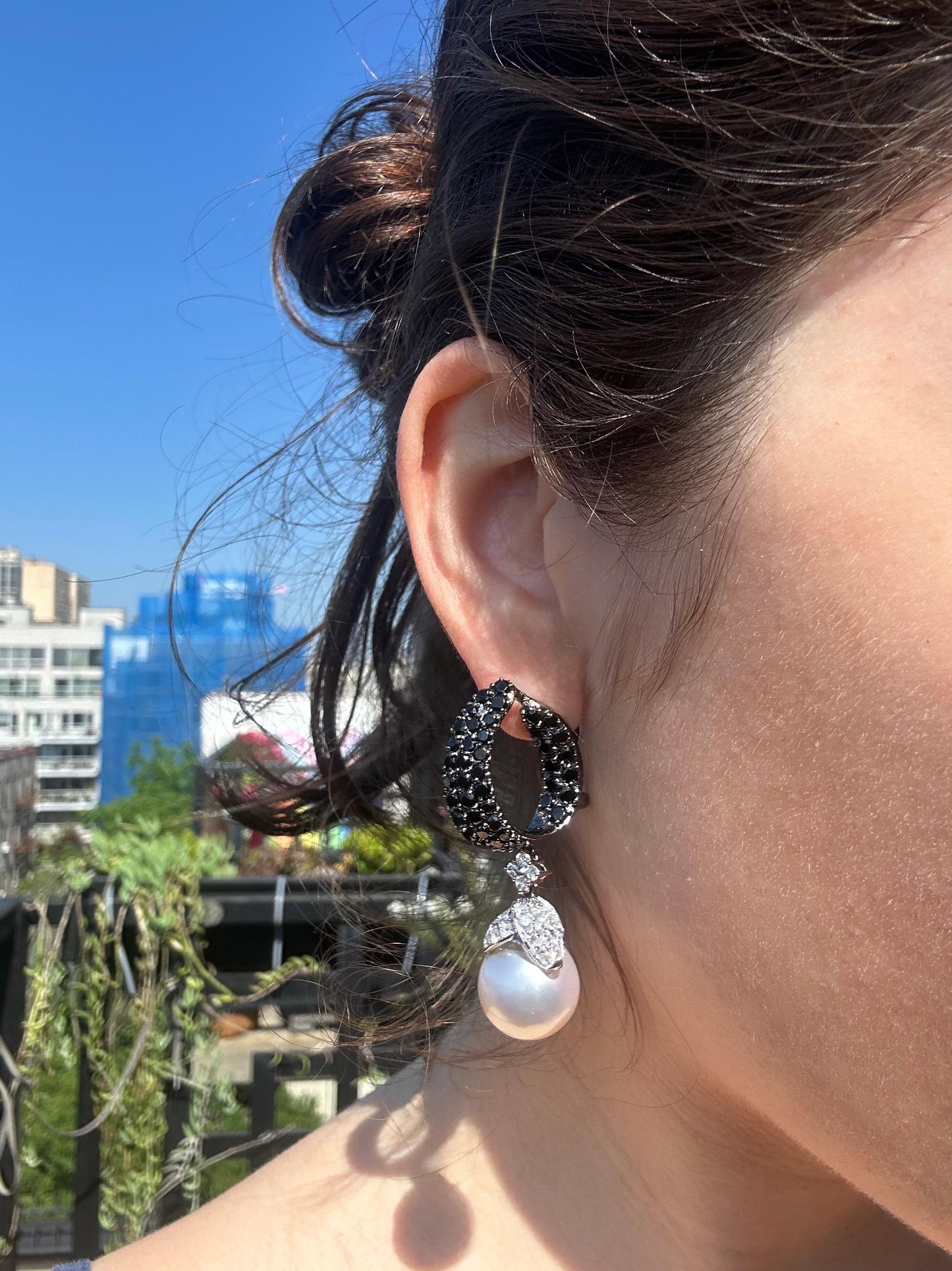 18K White Gold Black and White Diamond and Pearl Drop Earrings