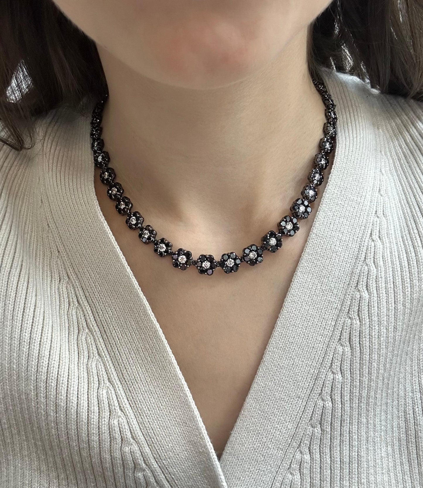 18K Black and White Diamond Flower Necklace