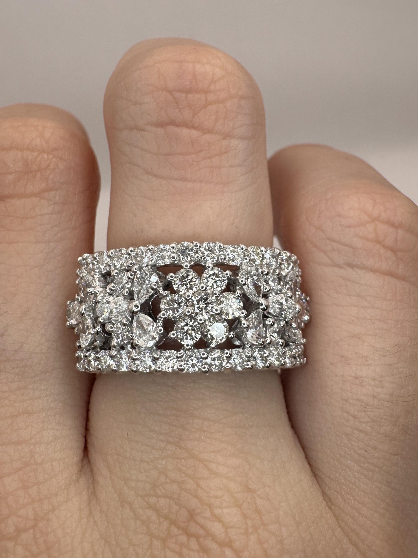18k Diamond Wide Band Ring with Pear Shape Accents