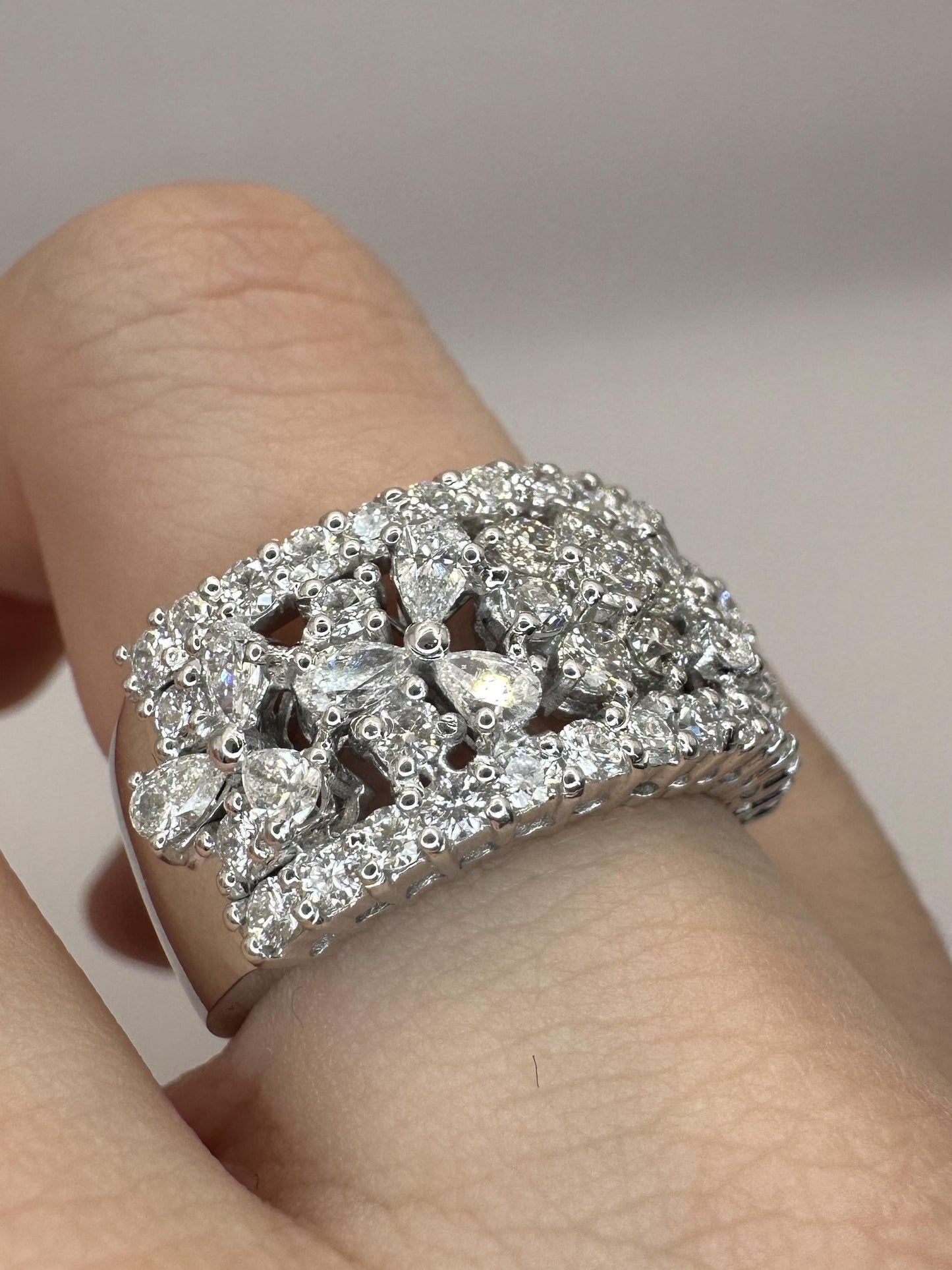 18k Diamond Wide Band Ring with Pear Shape Accents