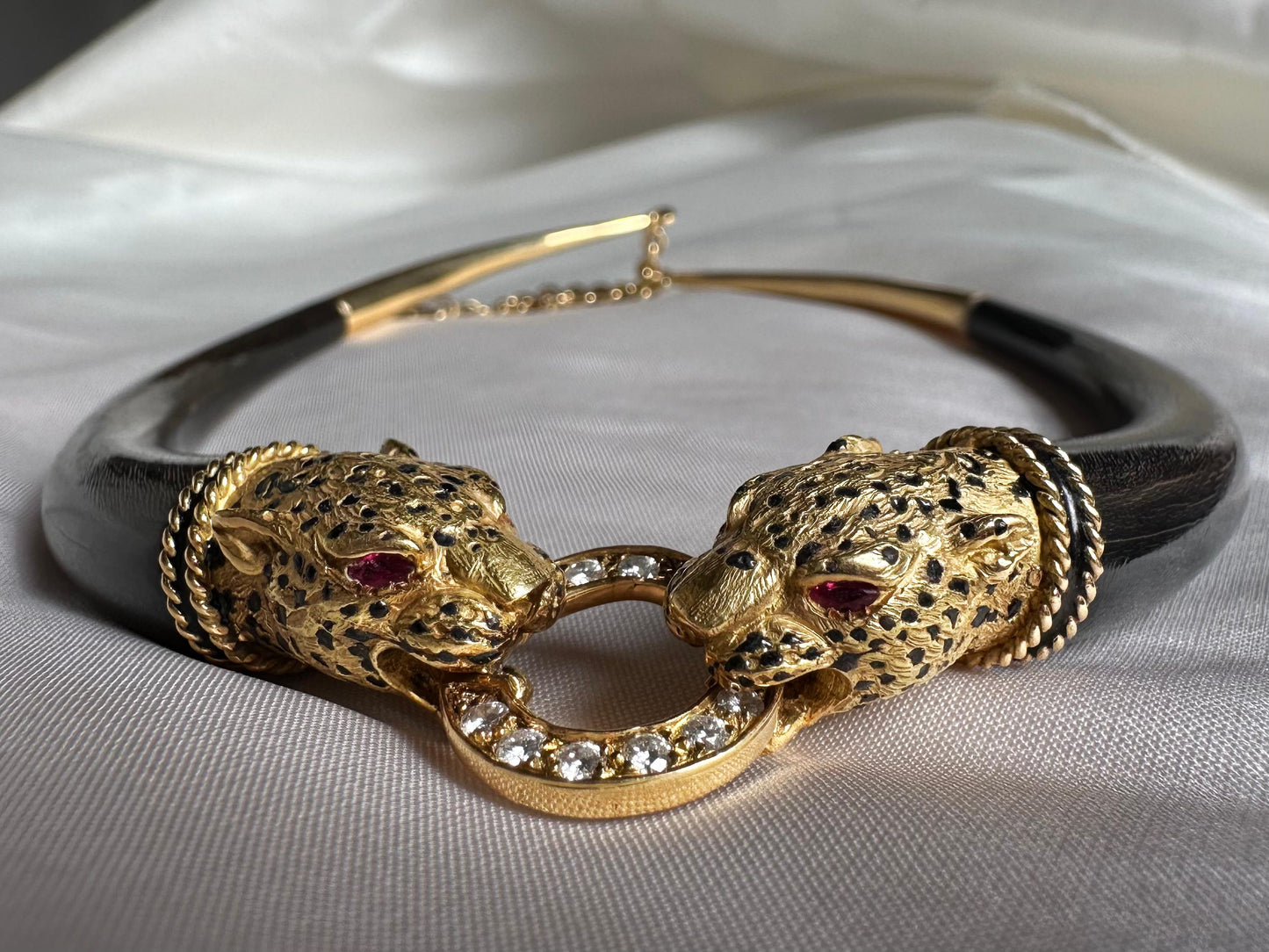 1960's French 18K Yellow Gold, Wood, Enamel, Ruby and Diamond Leopard Necklace