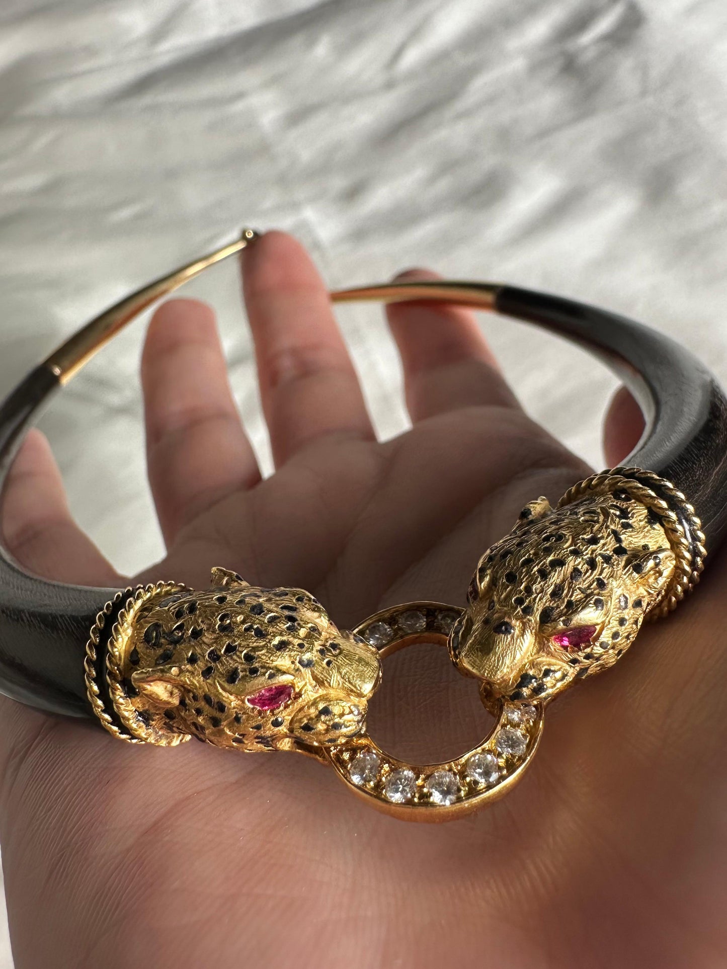 1960's French 18K Yellow Gold, Wood, Enamel, Ruby and Diamond Leopard Necklace