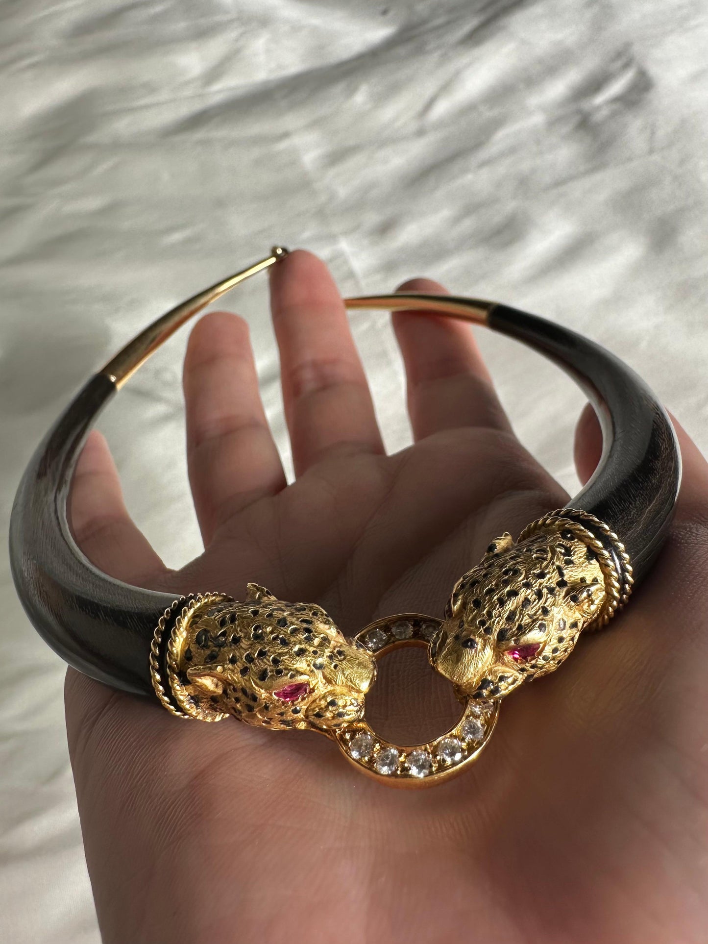 1960's French 18K Yellow Gold, Wood, Enamel, Ruby and Diamond Leopard Necklace