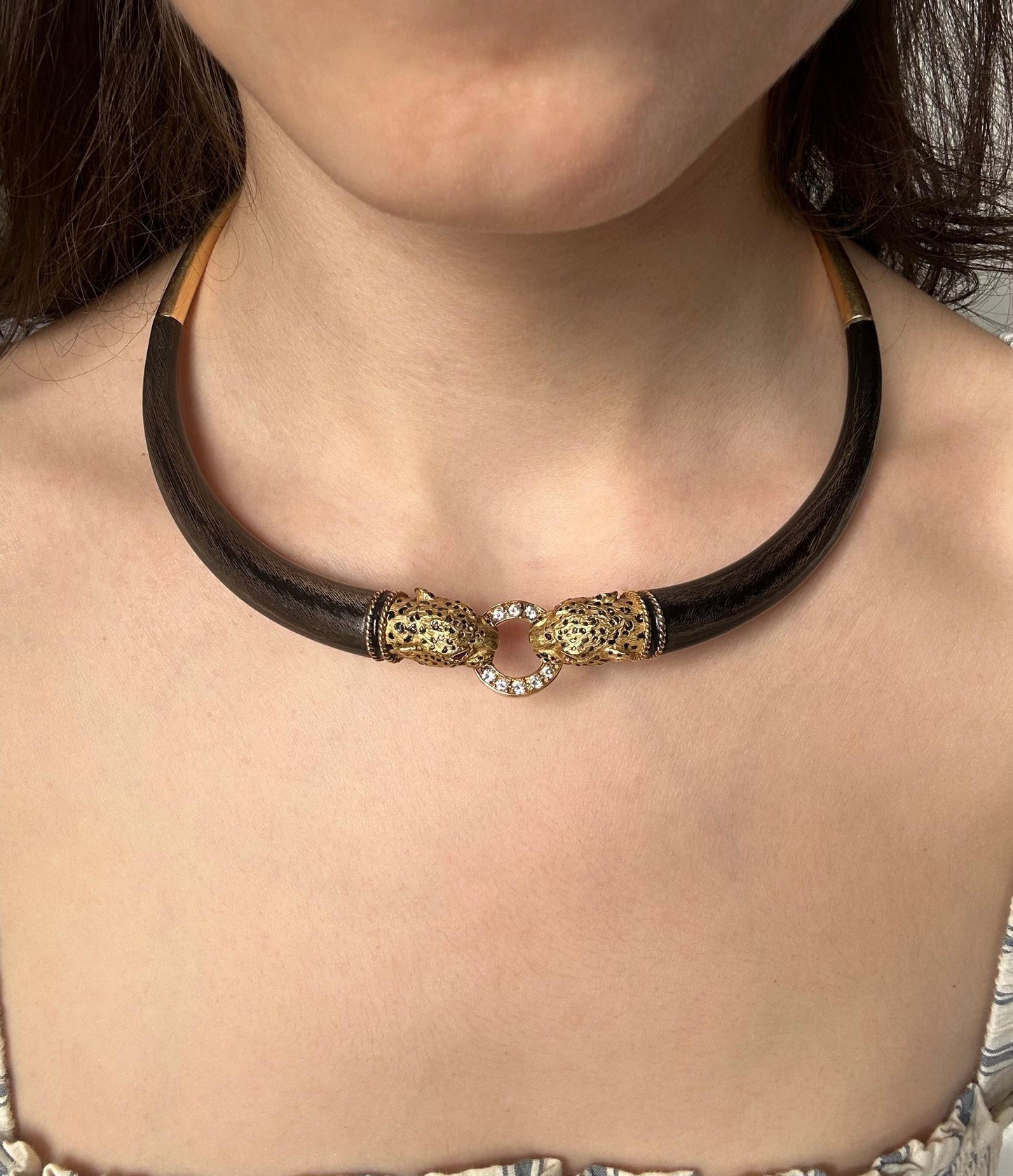 1960's French 18K Yellow Gold, Wood, Enamel, Ruby and Diamond Leopard Necklace