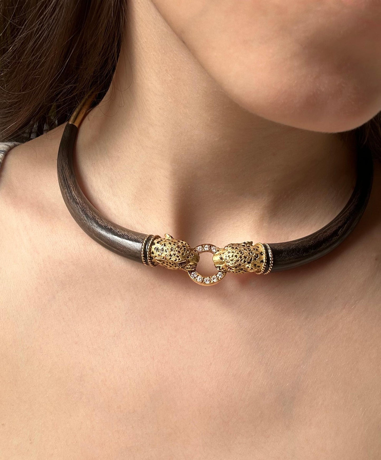 1960's French 18K Yellow Gold, Wood, Enamel, Ruby and Diamond Leopard Necklace