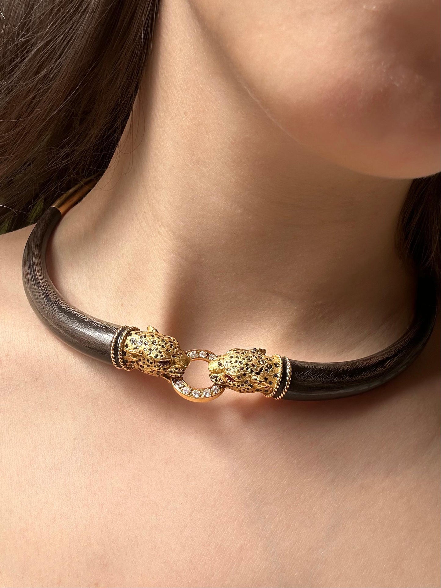 1960's French 18K Yellow Gold, Wood, Enamel, Ruby and Diamond Leopard Necklace