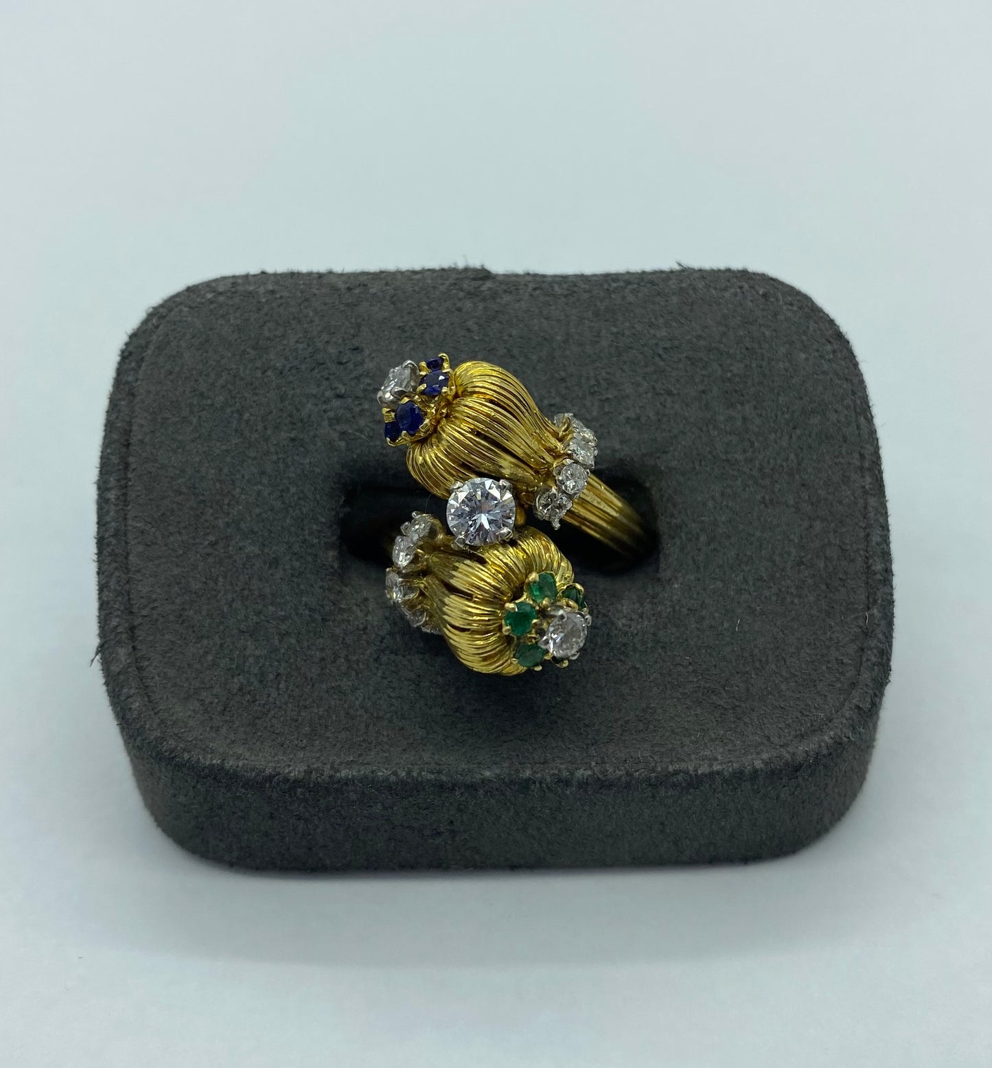 Estate 1960's Diamond, Emerald and Sapphire Moi et Toi Ring