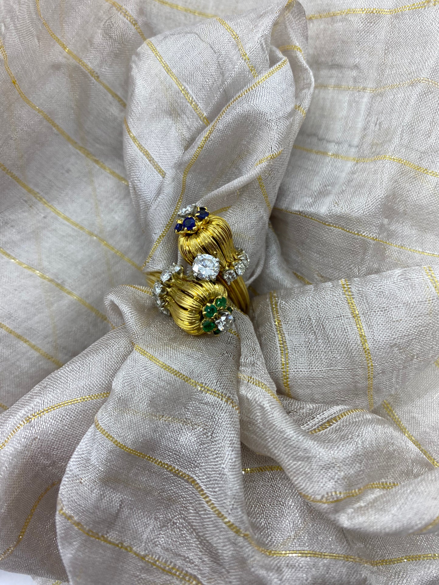Estate 1960's Diamond, Emerald and Sapphire Moi et Toi Ring