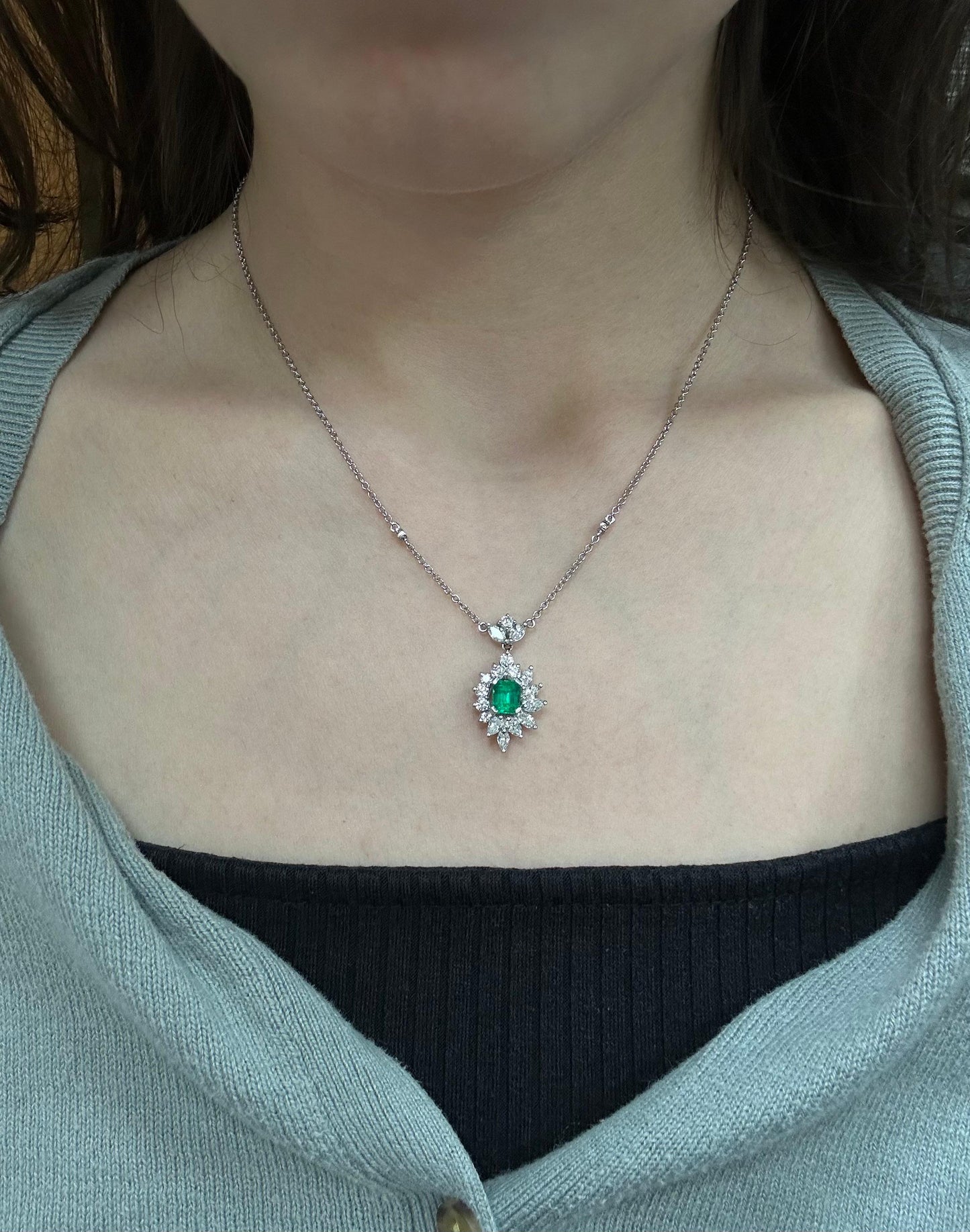 18K White Gold Diamond and Marquise Cut Emerald Pendant Necklace