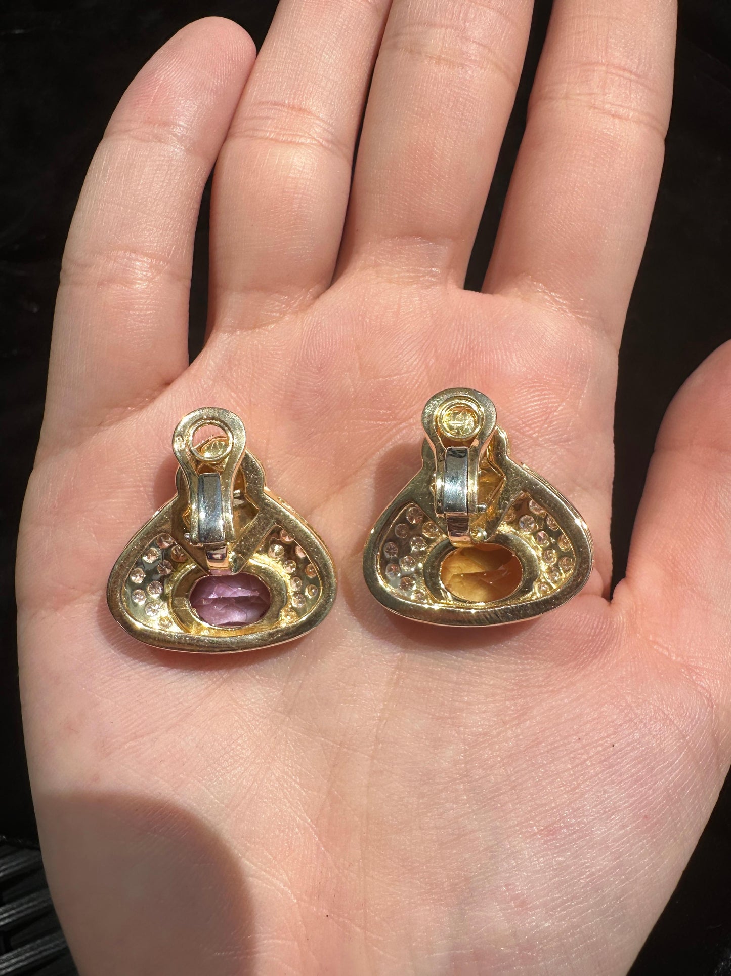 18k Estate Diamond, Onyx and Multi-Color Gemstone Earrings