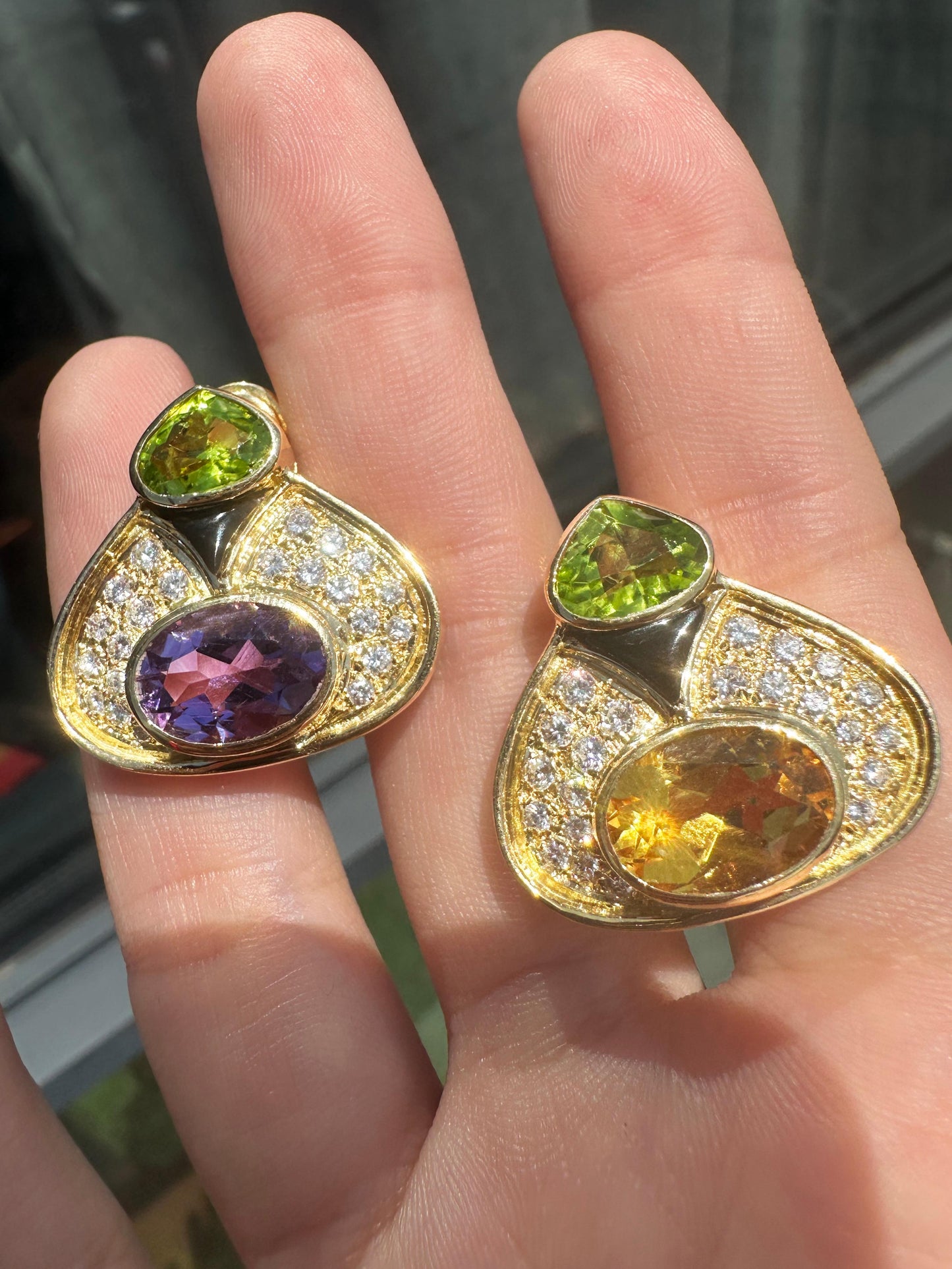 18k Estate Diamond, Onyx and Multi-Color Gemstone Earrings
