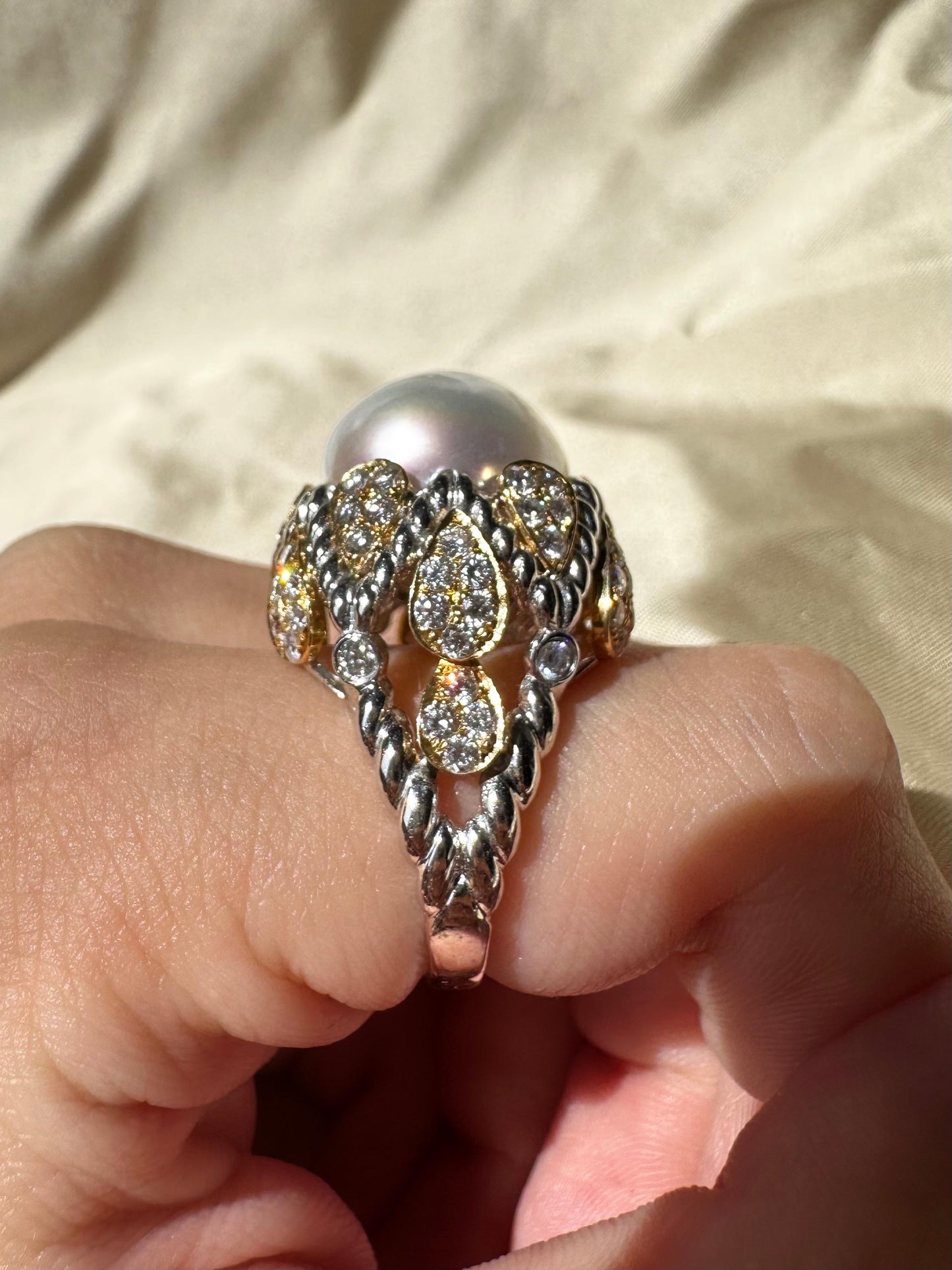 18K Two Tone Diamond and Pearl Cocktail Ring